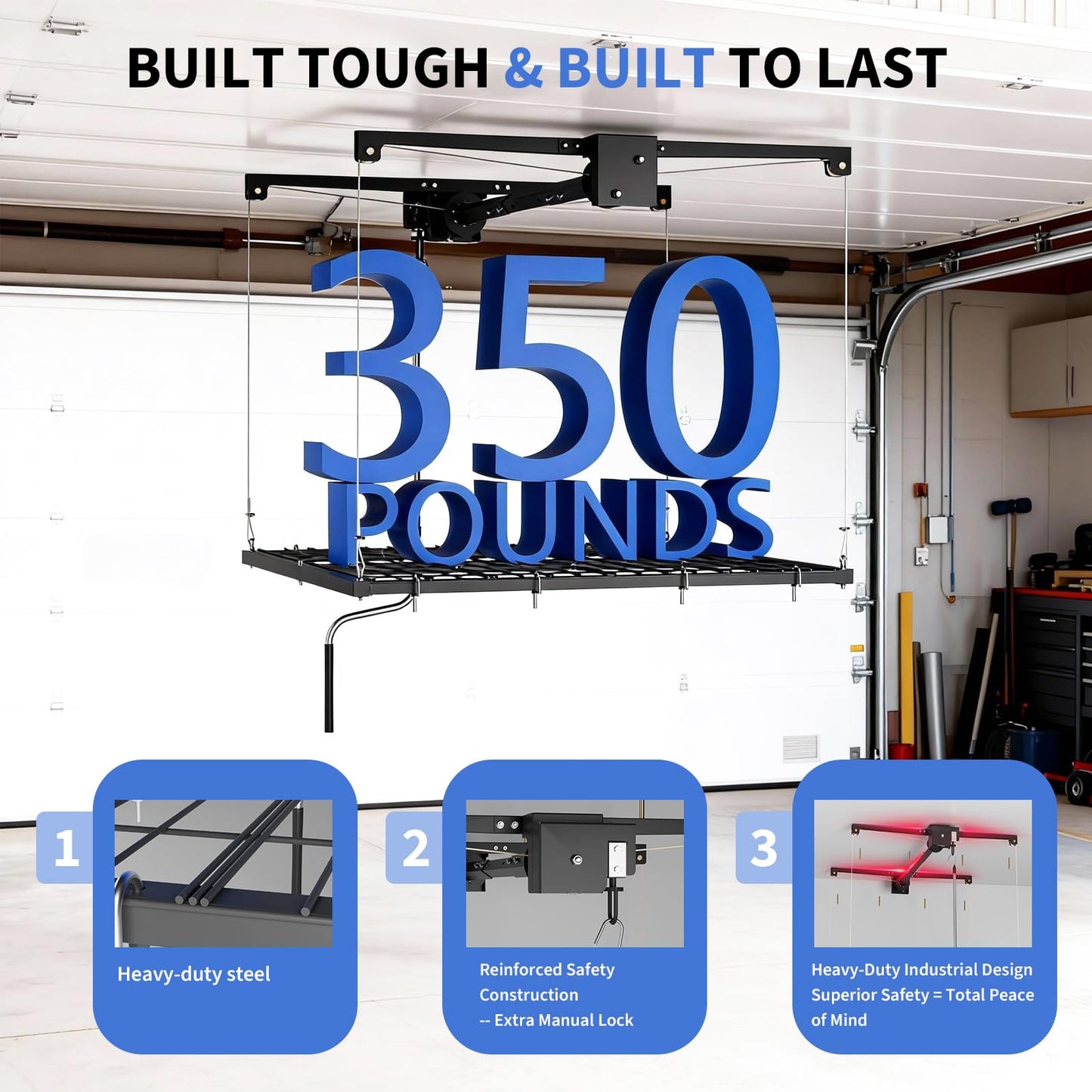 Overhead Garage Lifting Storage Rack, Maximize Your Garage Storage with Our 4x4 Ft Heavy-Duty Ceiling Storage Rack System, Supports 350 lbs, Adjustable & Easy to Install (Black 4x4 ft)