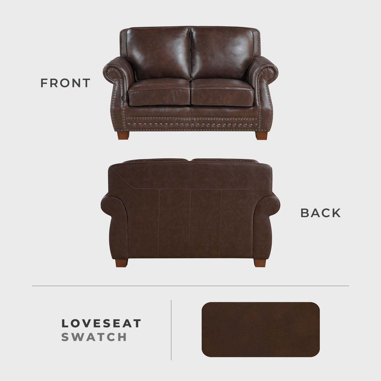 Lexicon 64.5" Loveseat, Top Grain Leather Match Loveseat Sofa with Nailhead Trim, Rolled Arms, Solid Wood Legs, 2 Seater Couch for Living Room/Apartment/Office, Easy Assembly, Brown