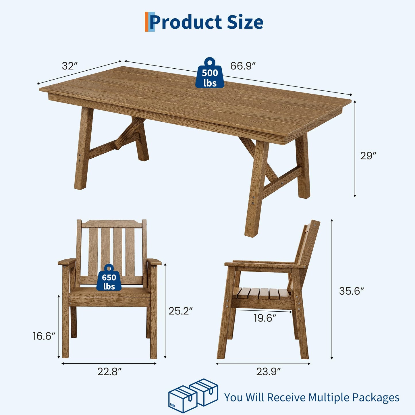 IDEALHOUSE 5-Piece Outdoor Patio Dining Set for 4-6, HDPE Table with Umbrella Hole and Sturdy Aluminum Frame, Weather-Resistant Garden Table and Chairs for Backyard, Poolside and Porch, Brown
