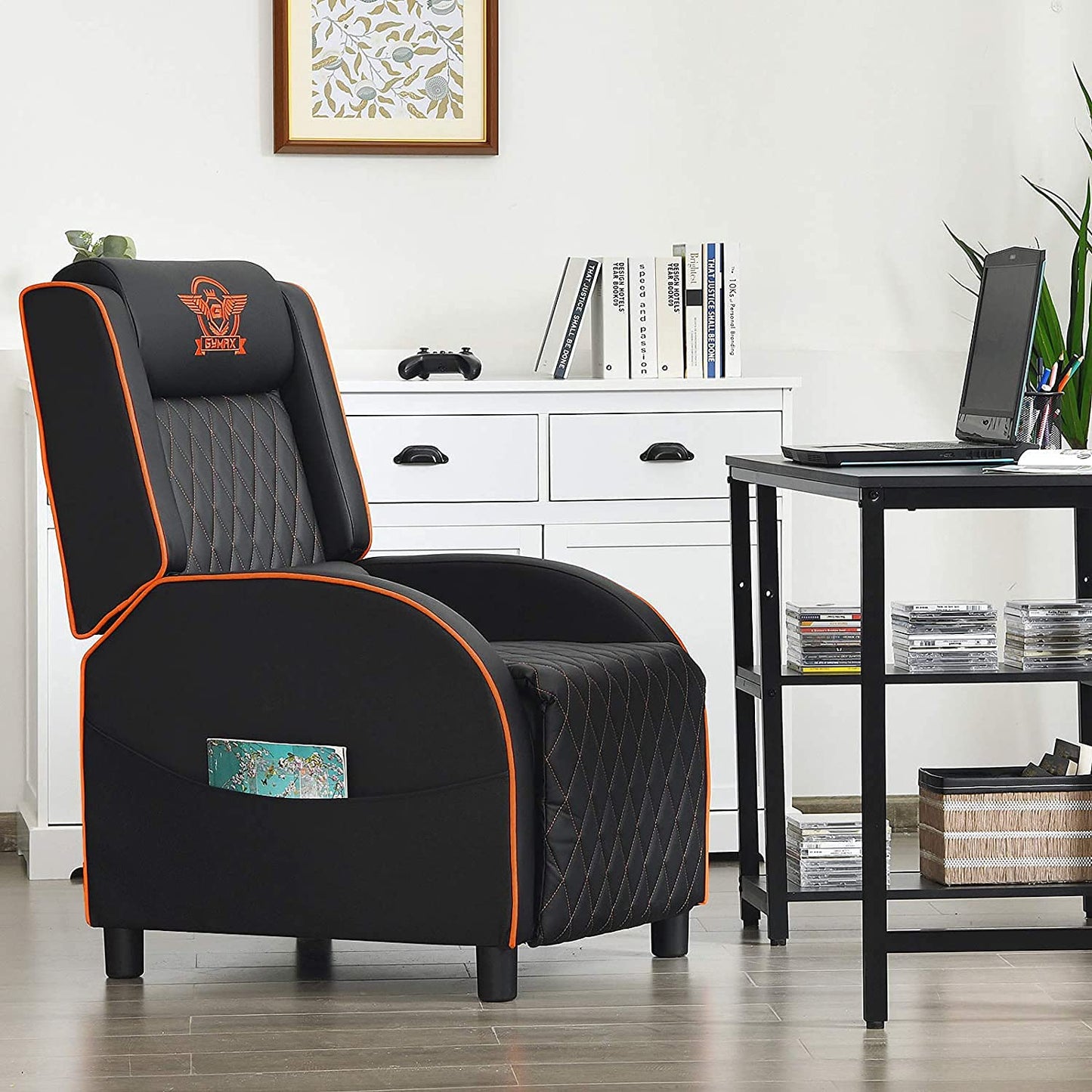 CHEFJOY Massage Gaming Recliner Chair, PU Ergonomic Single Sofa w/Headrest, Lumbar Support, Racing Style Reclining Home Theater Seating for Living Bedroom Gaming Room (Orange)