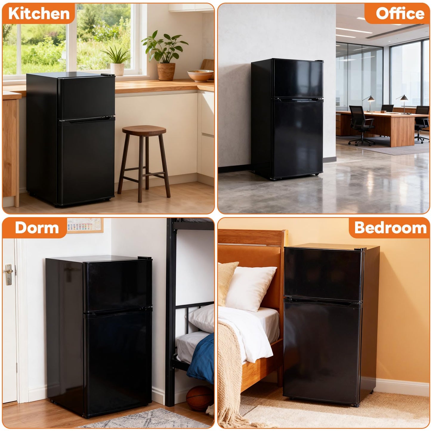 Sweetcrispy 3.2 Cu.Ft Mini Fridge with Freezer, 2 Door Small Refrigerator with Adjustable Thermostat Energy-efficient Low Noise, Compact Fridge for Bedroom, Office, Dorm, Black