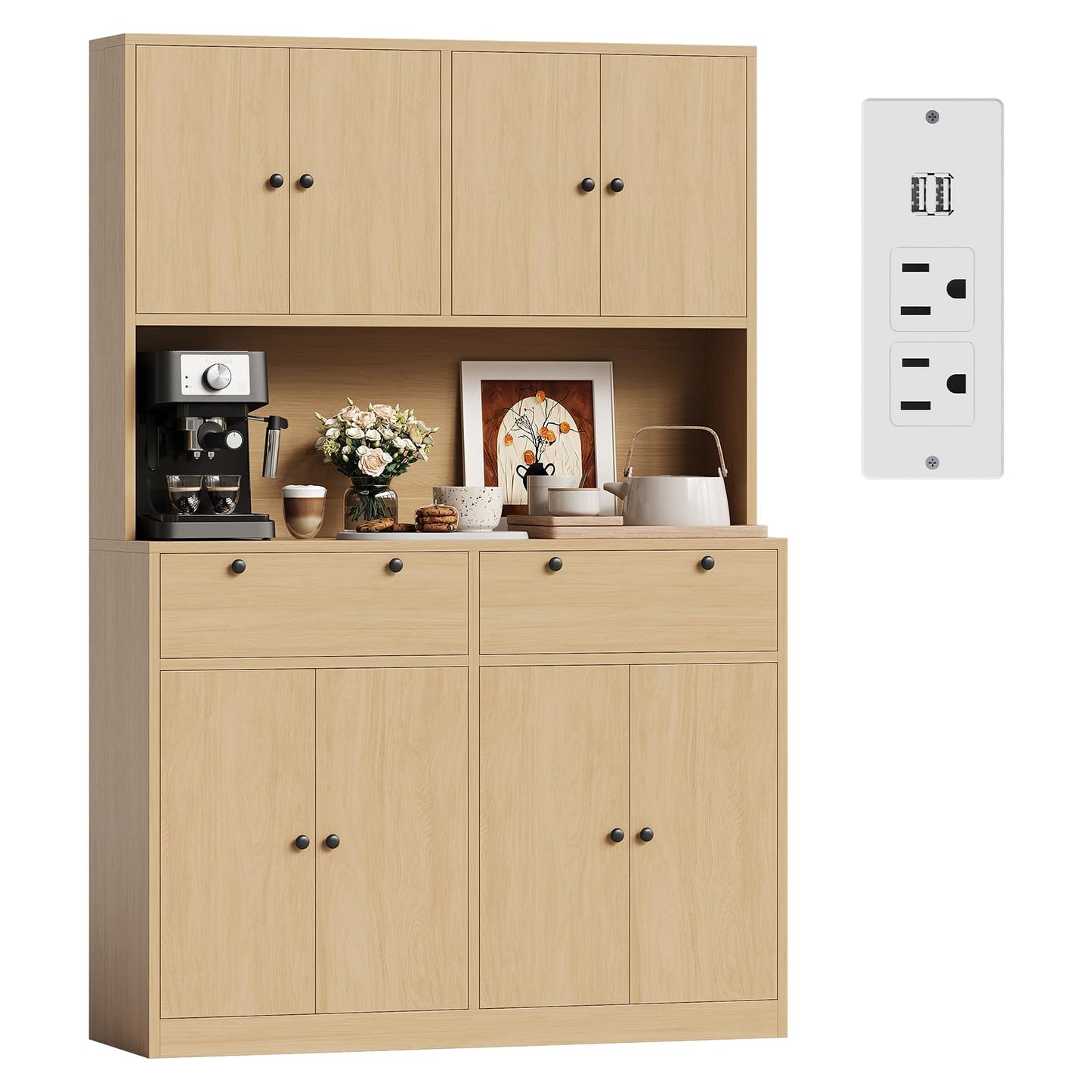 GarveeHome 71" Tall Kitchen Pantry Cabinet with Charing Station | 2 Drawers, 47" w Kitchen Pantry Storage Cabinet with Countertop, Food Hutch with Microwave Stand for Dining Room Living Room