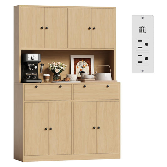 GarveeHome 71" Tall Kitchen Pantry Cabinet with Charing Station | 2 Drawers, 47" w Kitchen Pantry Storage Cabinet with Countertop, Food Hutch with Microwave Stand for Dining Room Living Room