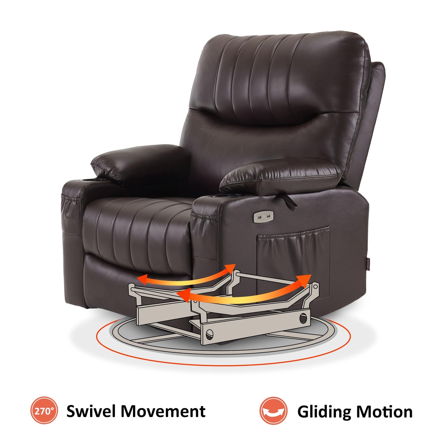 MCombo Oversized Swivel Glider Rocker Power Recliner Chair for Living Room with Heat and Vibration Massage, USB Ports, Cup Holders and Pockets, Faux Leather 7785 (Chocolate Brown)