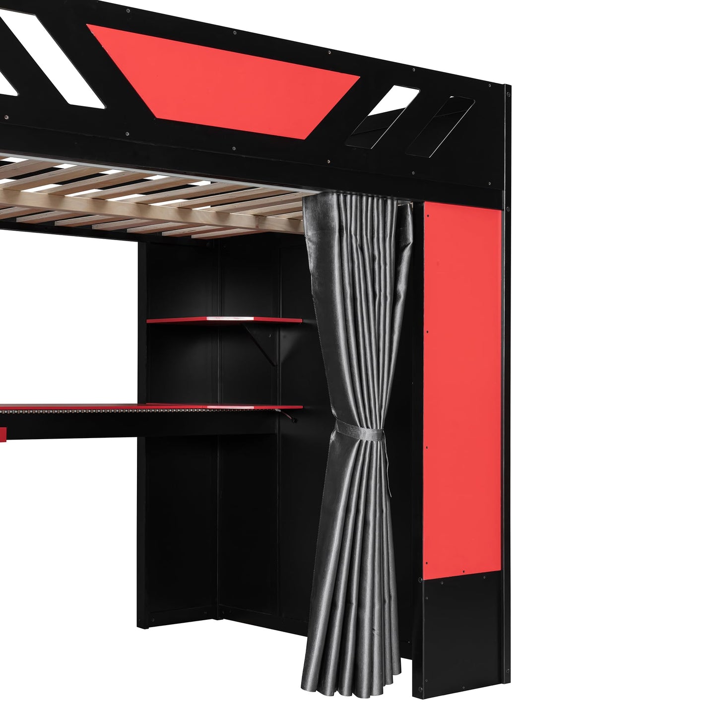 Merax Full Size Loft Bed with Desk and Storage Shelves, Gaming Loft Bed Frame with USB Charging Station and Curtains, Space Saving Loft Bed for Teens Bedroom, Black + Red