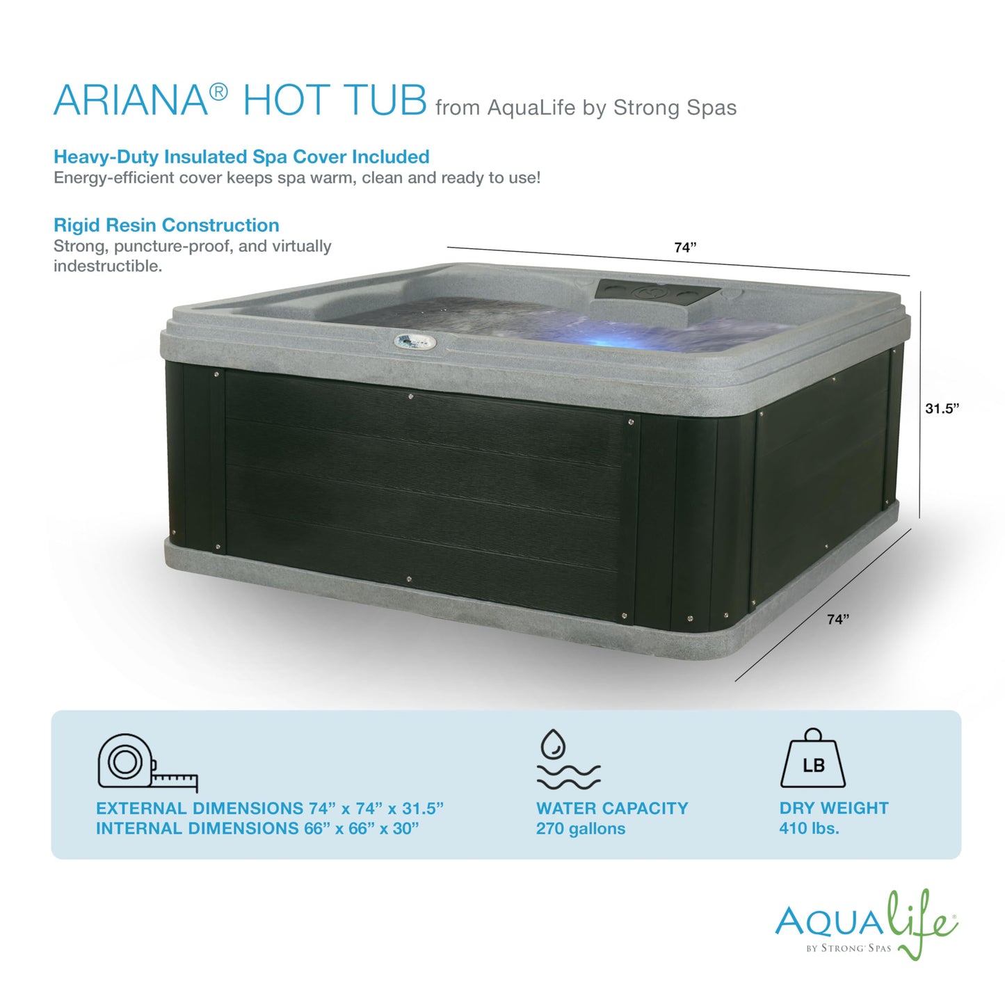 AquaLife Ariana™ 7-Person 30-Jet Non-Lounger Hot Tub with LED Lighting, Insulated Cover, Built-in Ice Bucket, Stainless Steel Heater and Ozonator