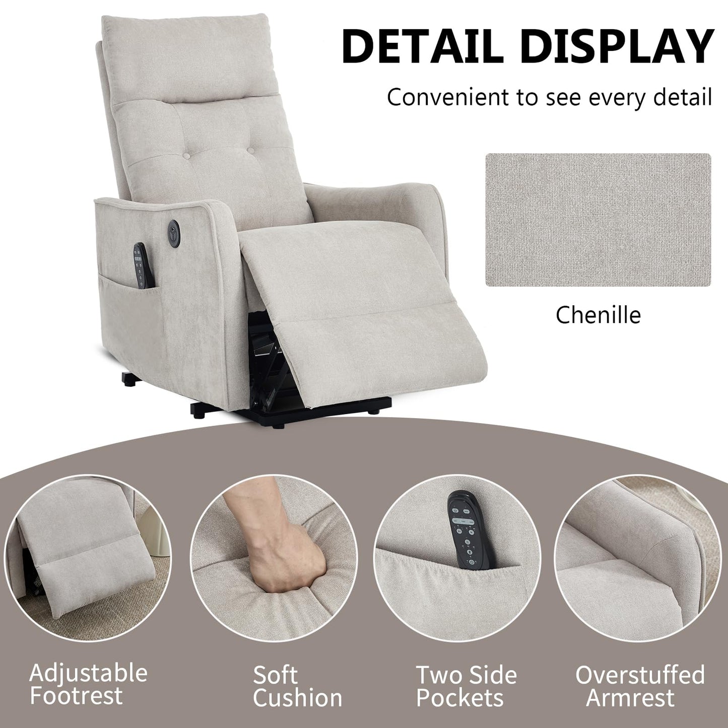 KEIKI Single Motor Power Lift Recliner Chair with Massage and Heat for Home Theater, Soft Fabric Finish with USB Charging Port and Motion Mechanism for Elderly