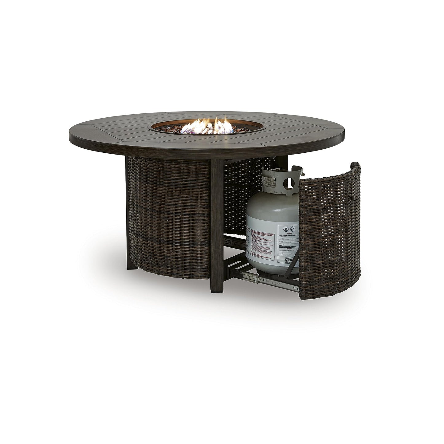 Signature Design by Ashley Drakes Beach Fire Pit Table, 55,000 BTU Stainless Steel Burner, Resin Wicker on Aluminum Frame, Wood-Look Finish for Patio Deck Entertaining, 48' Square