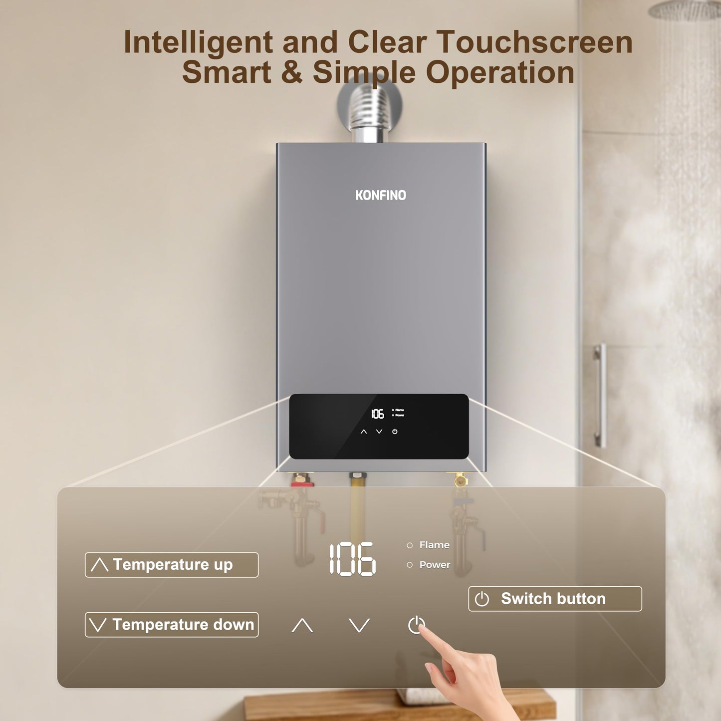 Konfino Indoor Natural Gas Tankless Water Heater - Up to 3.6 GPM, 85,300 BTU for 2-3 Water Point Use, On Demand Instant Hot Water Heater with Smart Digital Display, Multi-Protections & Alarm System