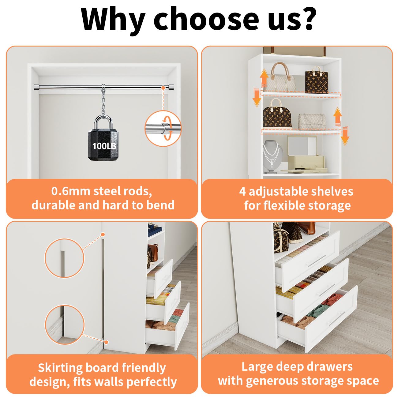 Closet System with 4 Sets, 8–21 FT Closet System with 6 Drawers, 9 Shelves & 8 Hanging Rods, Heavy Duty Closet Organizer System for Walk in Closets, Modular Custom Wood Closet Kit, White