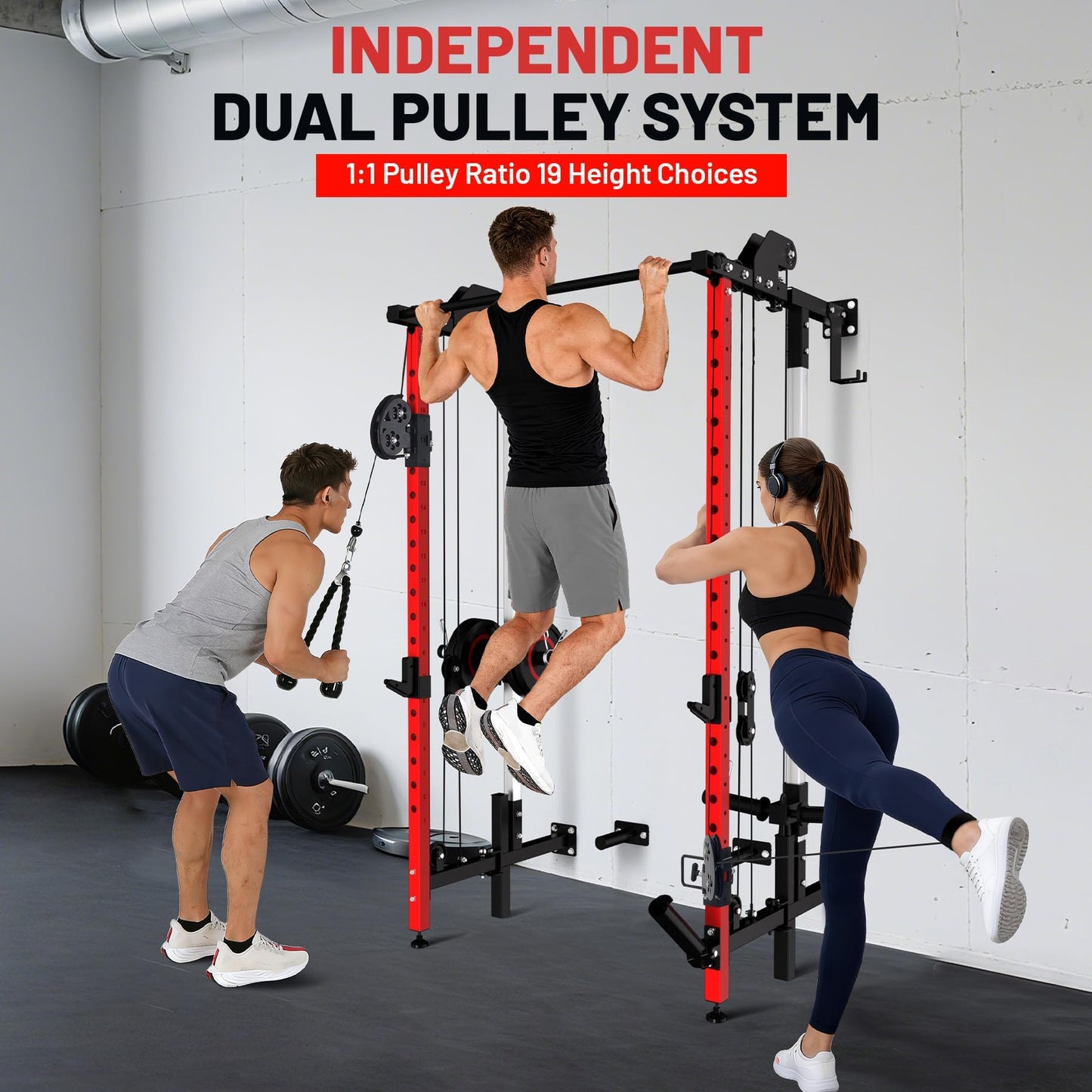 GarveeHome Folding Squat Rack, Wall Mounted Power Rack with Dual Pulley System & Pull Up Bar, Fitness Equipment for Home Gym, Garage, Apartment