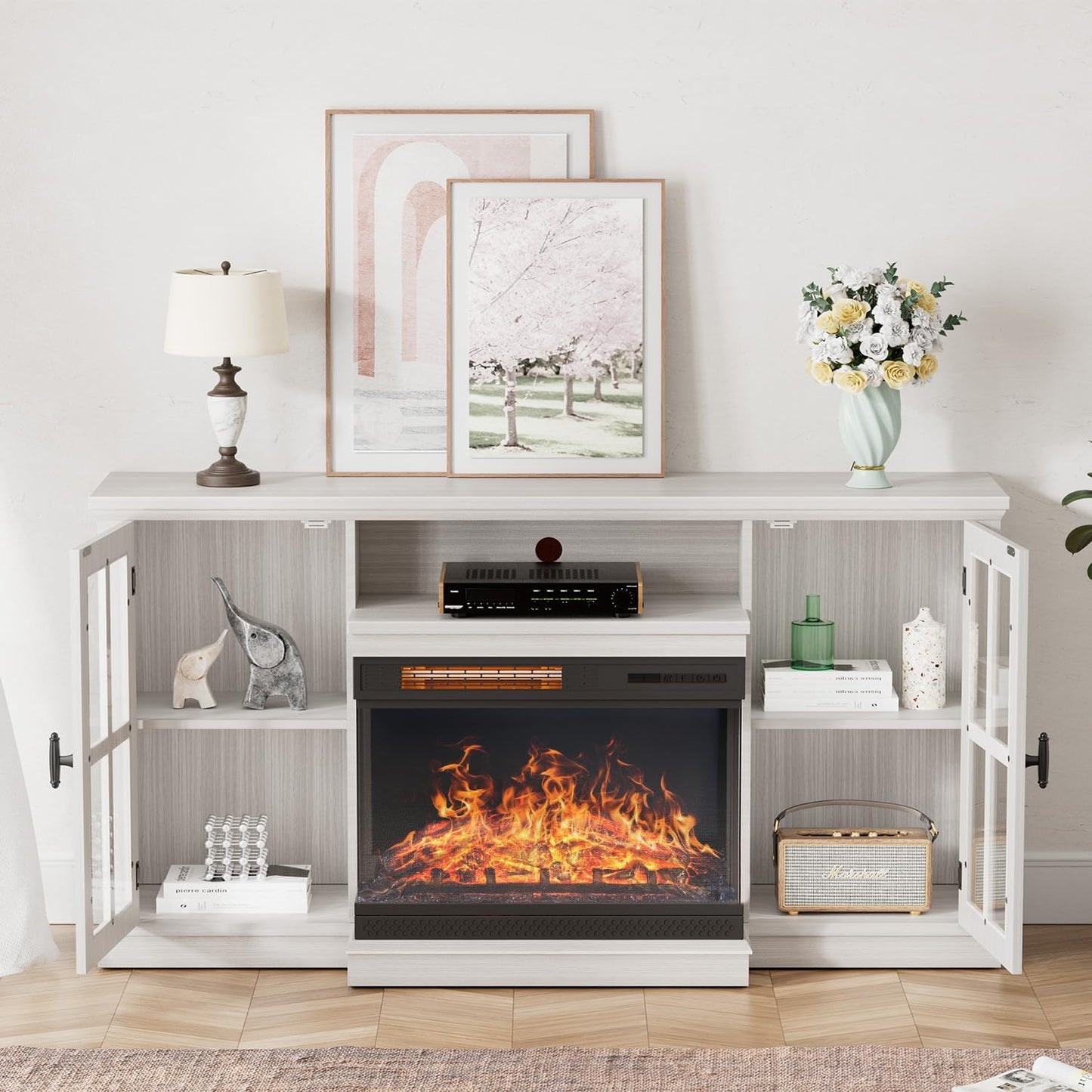 YESHOMY Glass Fireplace TV Stand for TVs up to 65 Inch, Media Entertainment Center with Storage, White Wash