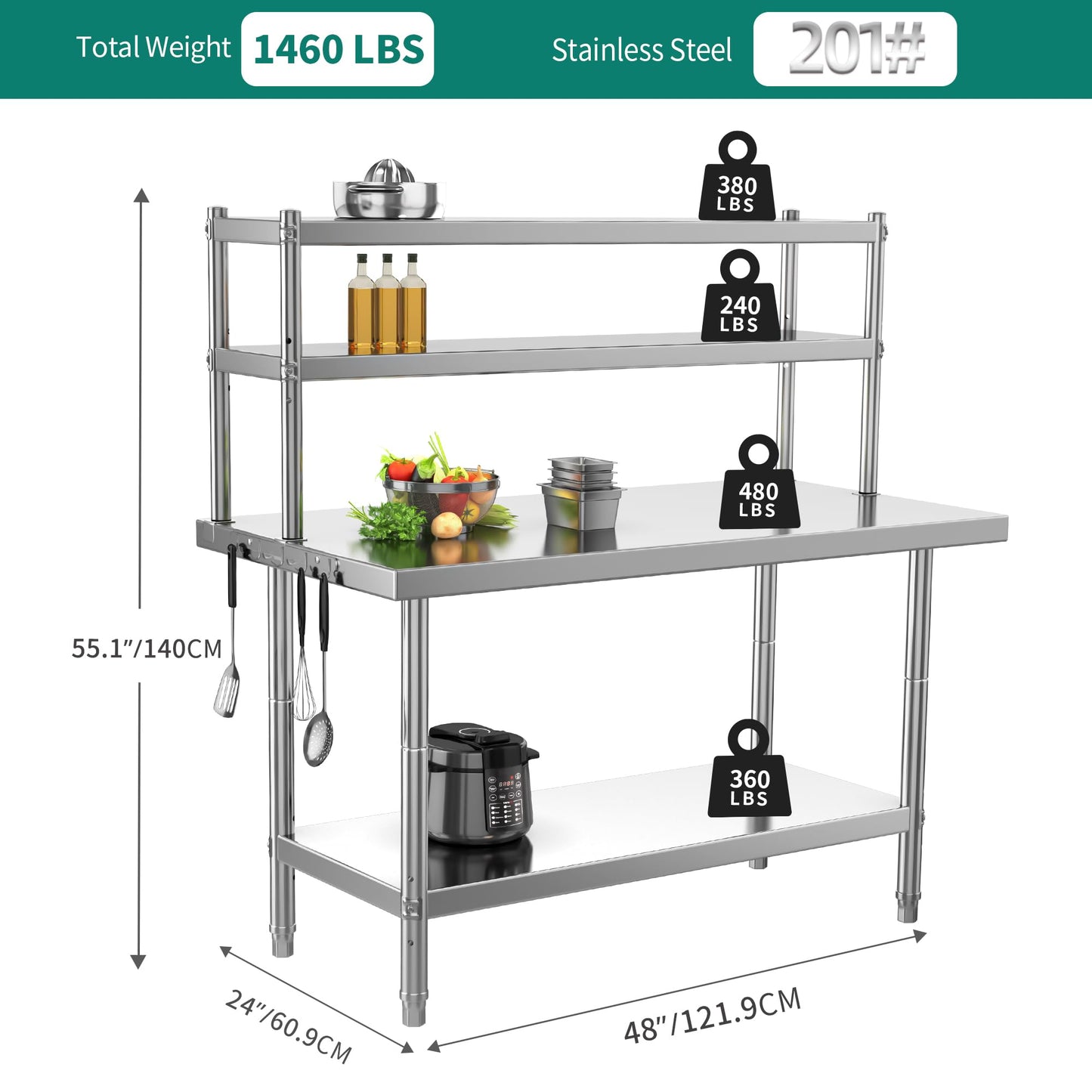 YITAHOME 48" X 24" Stainless Steel Table with 48" X 12" Overshelves