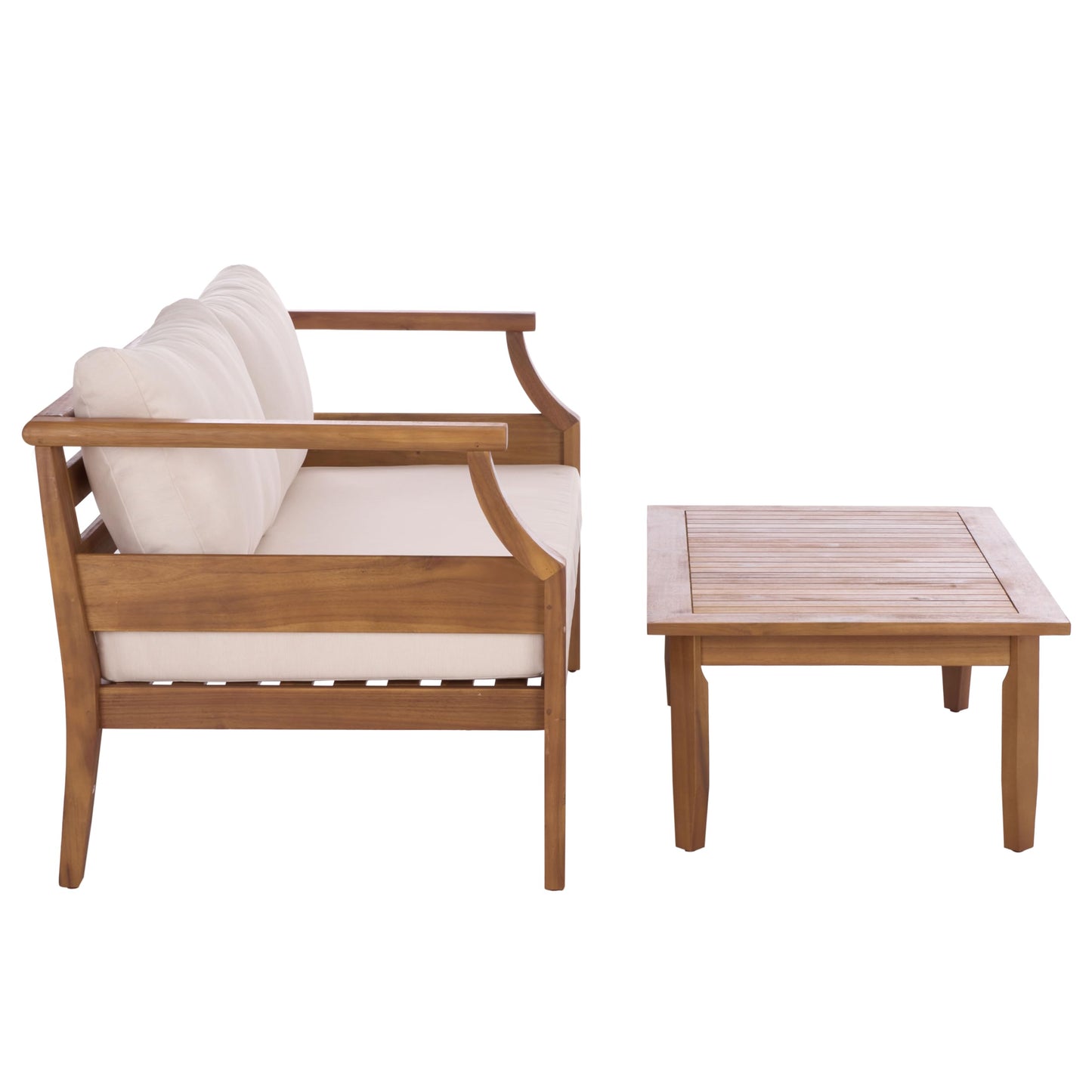 SAFAVIEH Outdoor Patio Furniture Collection - Alta Teak & Cream Solid Wood Bench with Cushions and Slatted Coffee Table, 2-Piece Set (PAT6812A)
