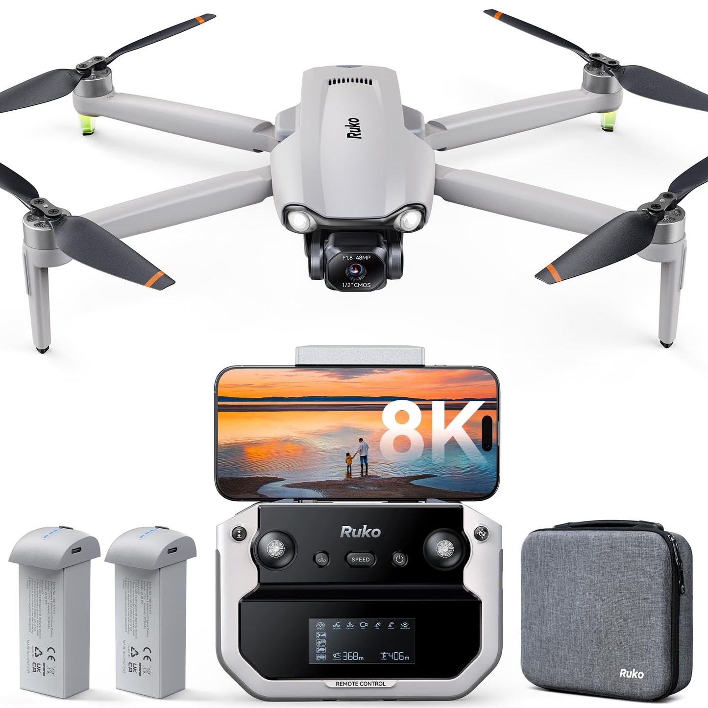 Ruko F11PRO 2 Plus Drones with Camera for Adults, 48MP 8K Photo, 3-Axis Gimbal Stabilizer, 74 Mins Flight Time (2 Batteries), 20,000ft Transmission, Beginner-Friendly Tech Gift