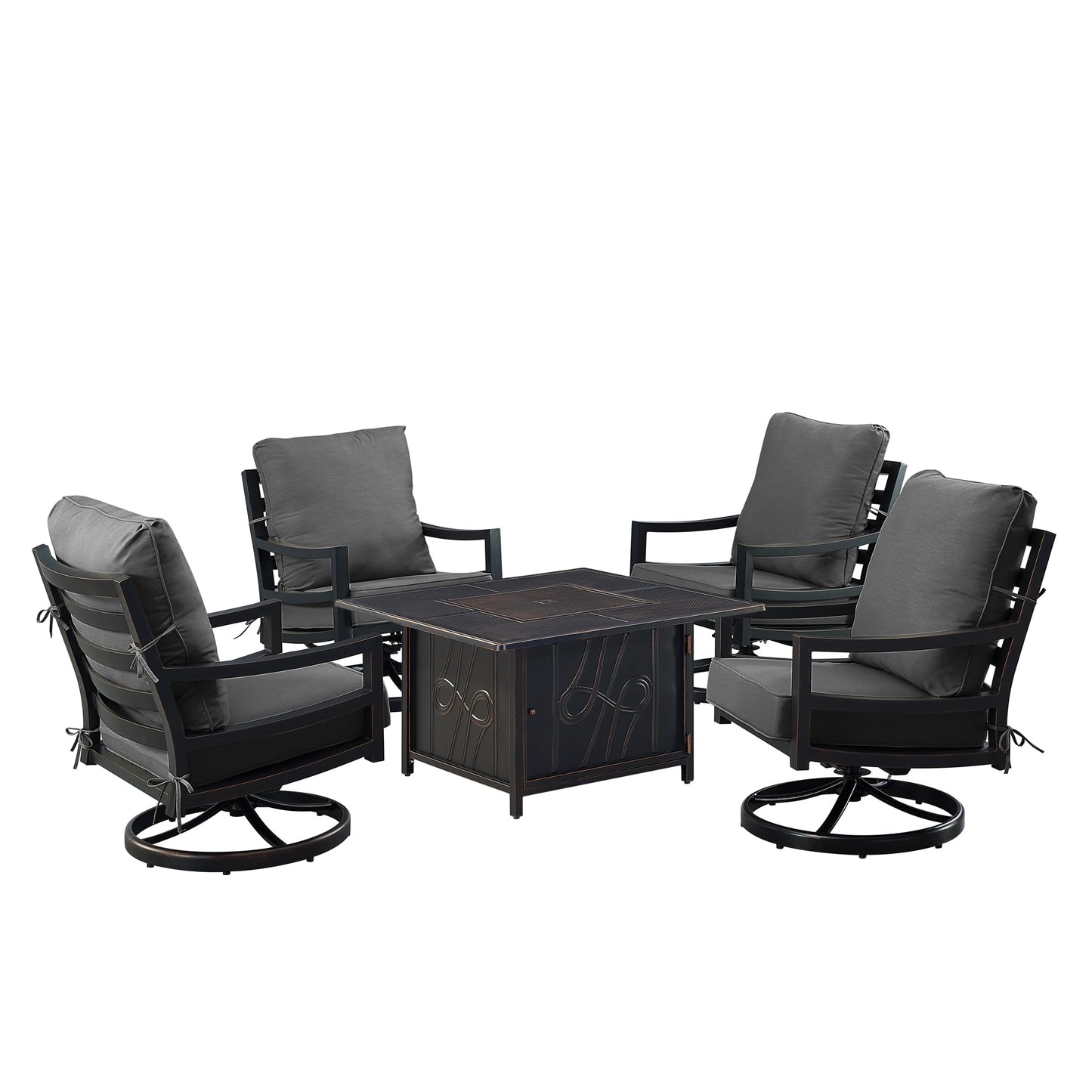 Oakland Living Black Aluminum Patio Fire Table Set with Four Club Chairs with Black Cushions