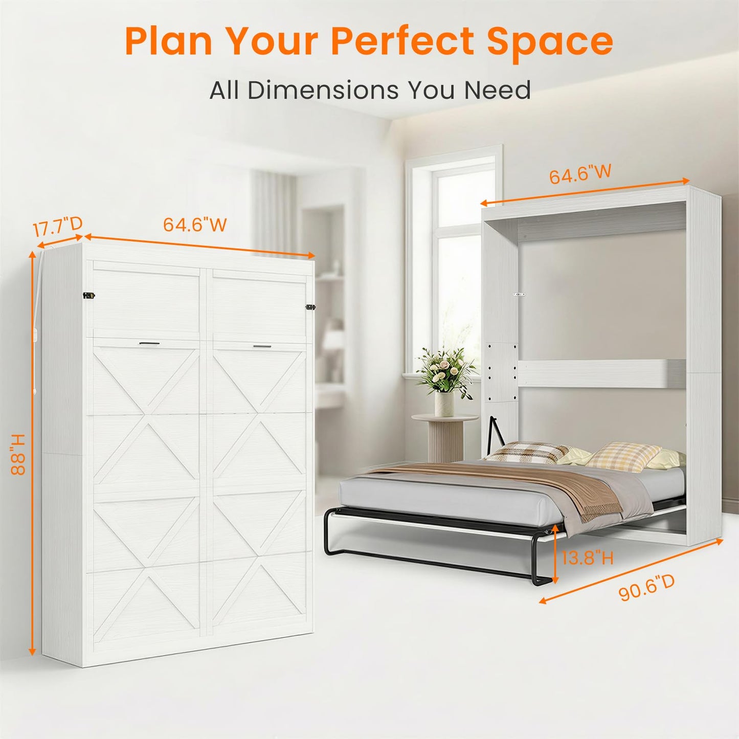 CECER Queen Size Wall Murphy Bed with LED Lights，Queen Murphy Cabinet Beds with Gas Struts，Space-Saving Wall Beds Cabinet Bed for Guest Room/Bedroom-White