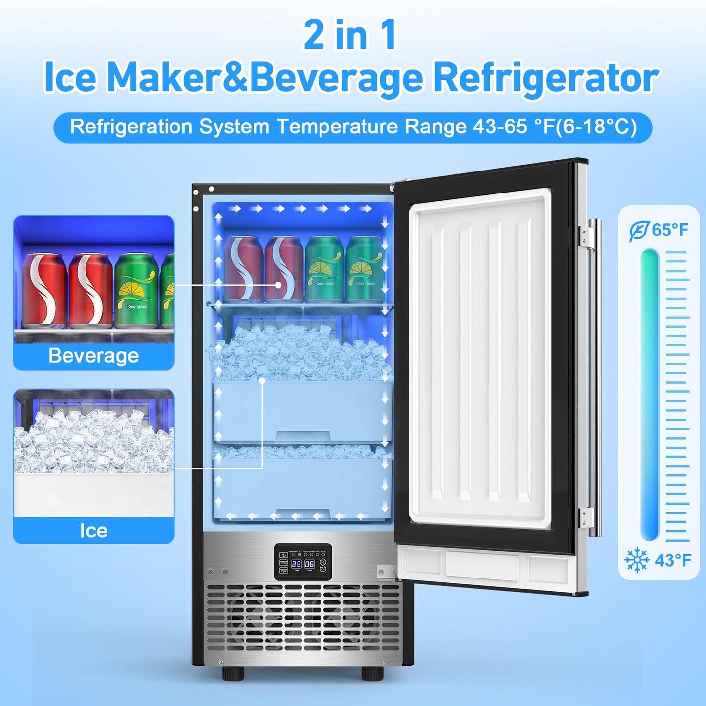 Under Counter Ice Maker 120lbs/24h, 2 in 1 Commercial Ice Machine & Beverage Refrigerator with 2 Drawers & 30lbs Storage, Stainless Steel Reversible Door, Adjustable Ice Thickness for Home Bar Kitchen