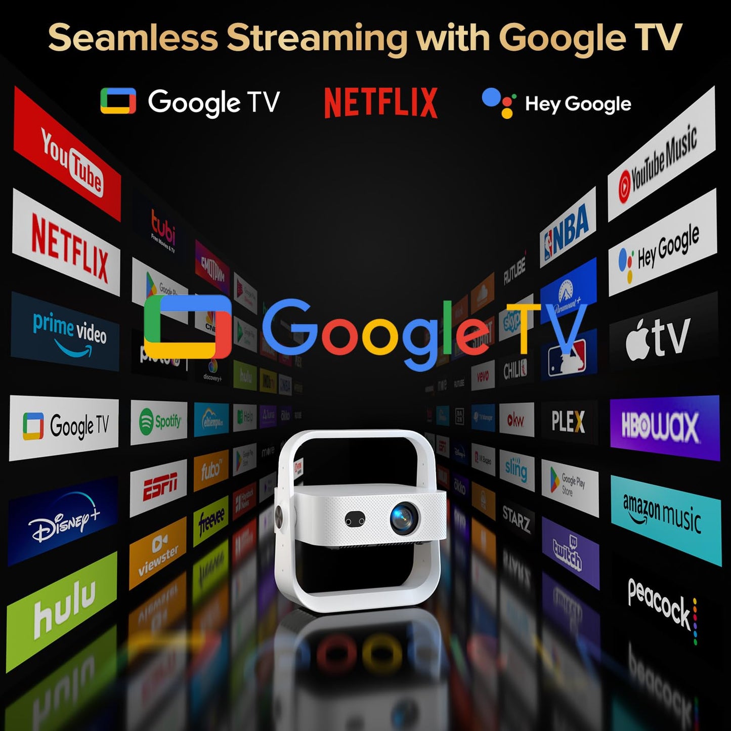 [Official Licensed Google TV] Projector, Smart 4K&1080P Projector with WiFi and Bluetooth, Auto Focus & Keystone, Voice Control Movie Video Projector, Home Projector with 360° Rotating Stand