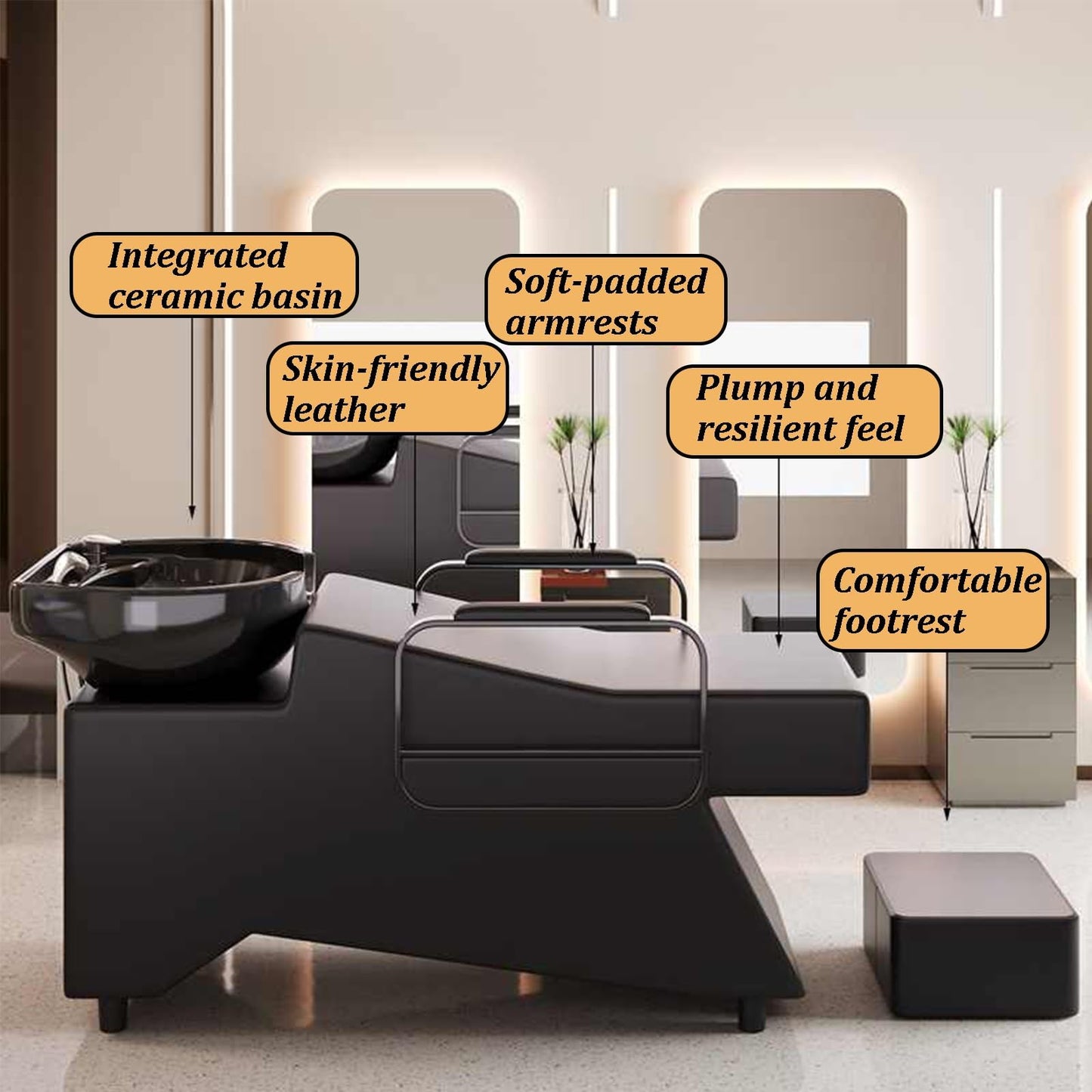 Backwash Barber Chair, Shampoo Barber Classic Chair with Leg Support & Headrest, Ceramics Shampoo Bowl Sink Unit with Separate Footstool for Spa Beauty Barbershop(D)