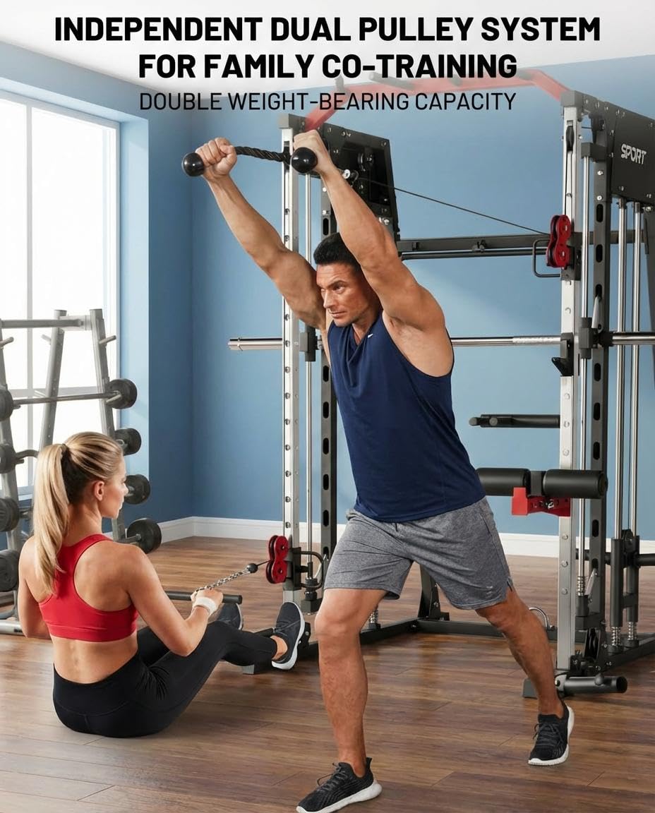 Smith Machine Home Gym, 2200LB Power Cage with Dual Pulley Cable Systems, LAT Pull-Down, Leg Hold-Down & 20+ Attachments for Full Body Workouts, Black