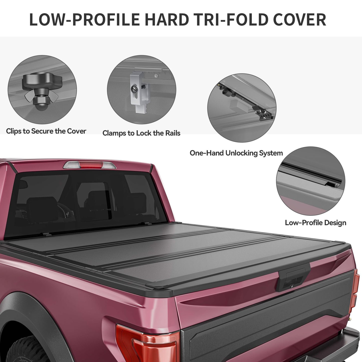 OEDRO Low-Profile Hard Tri-Fold Tonneau Cover Compatible with Toyota Tundra 2022 2023 2024 2025 2026 (Excl. Trail) 5.5ft Bed with Deck Rail System, One-Handed Quick Release, Drainage Design