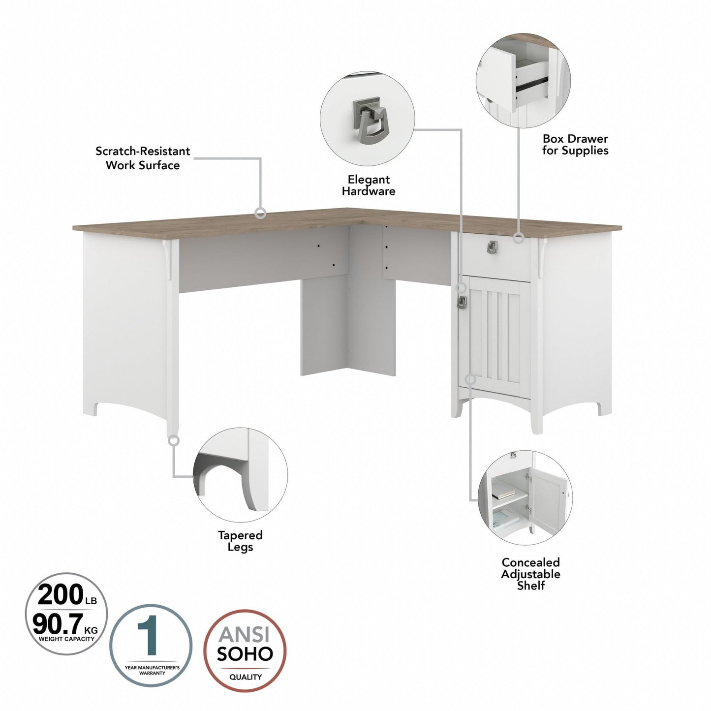 Bush Home Salinas L-Shaped Desk with Hutch | Study Table with Drawers and Cabinets in Pure White and Shiplap Gray | Home Office Computer Desk | Work Desk with Storage