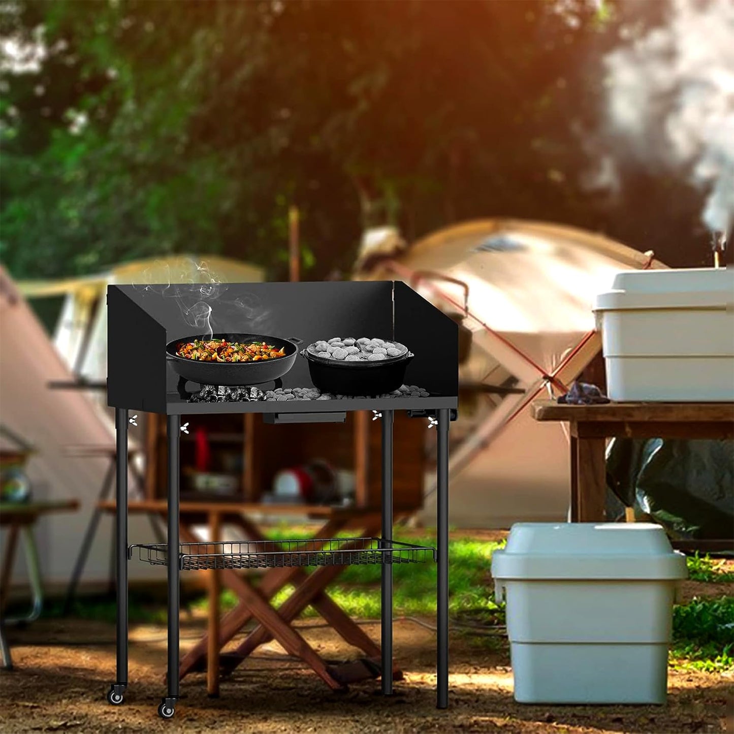 onlyfire Outdoor Camp Cooking Table for Dutch Ovens and Food Preparation, Collapsible Grill Table Camping Kitchen Station with Side Windscreen & Storage Basket for Backyard BBQ Picnic RV