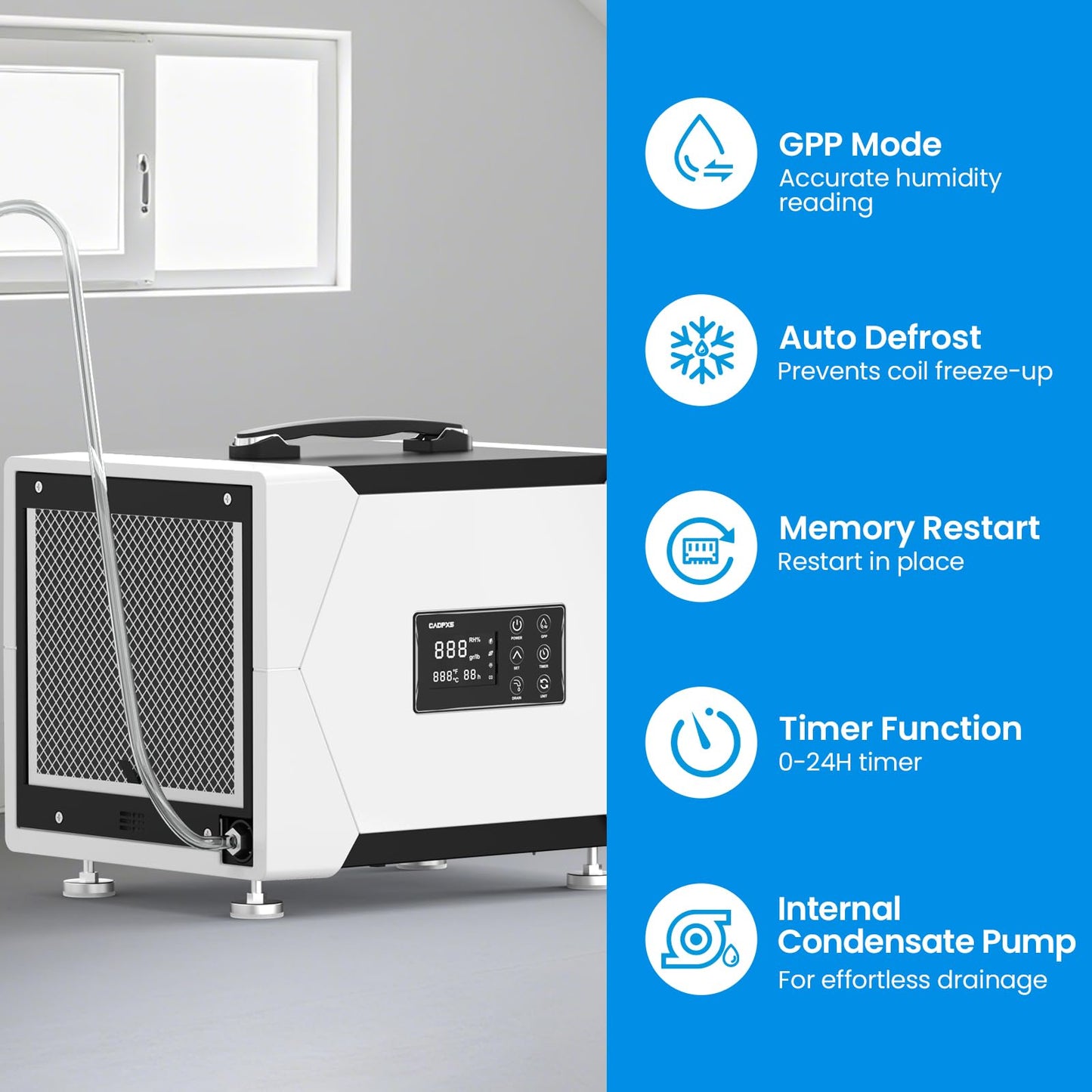 CADPXS Crawl Space Dehumidifier with Pump and Drain Hose, 80 Pint Crawlspace Dehumidifier for Commercial, Basement, Water Damage Use, Memory Start, cETL, Up to 1000 Sq Ft, 5 Years Limited Warranty