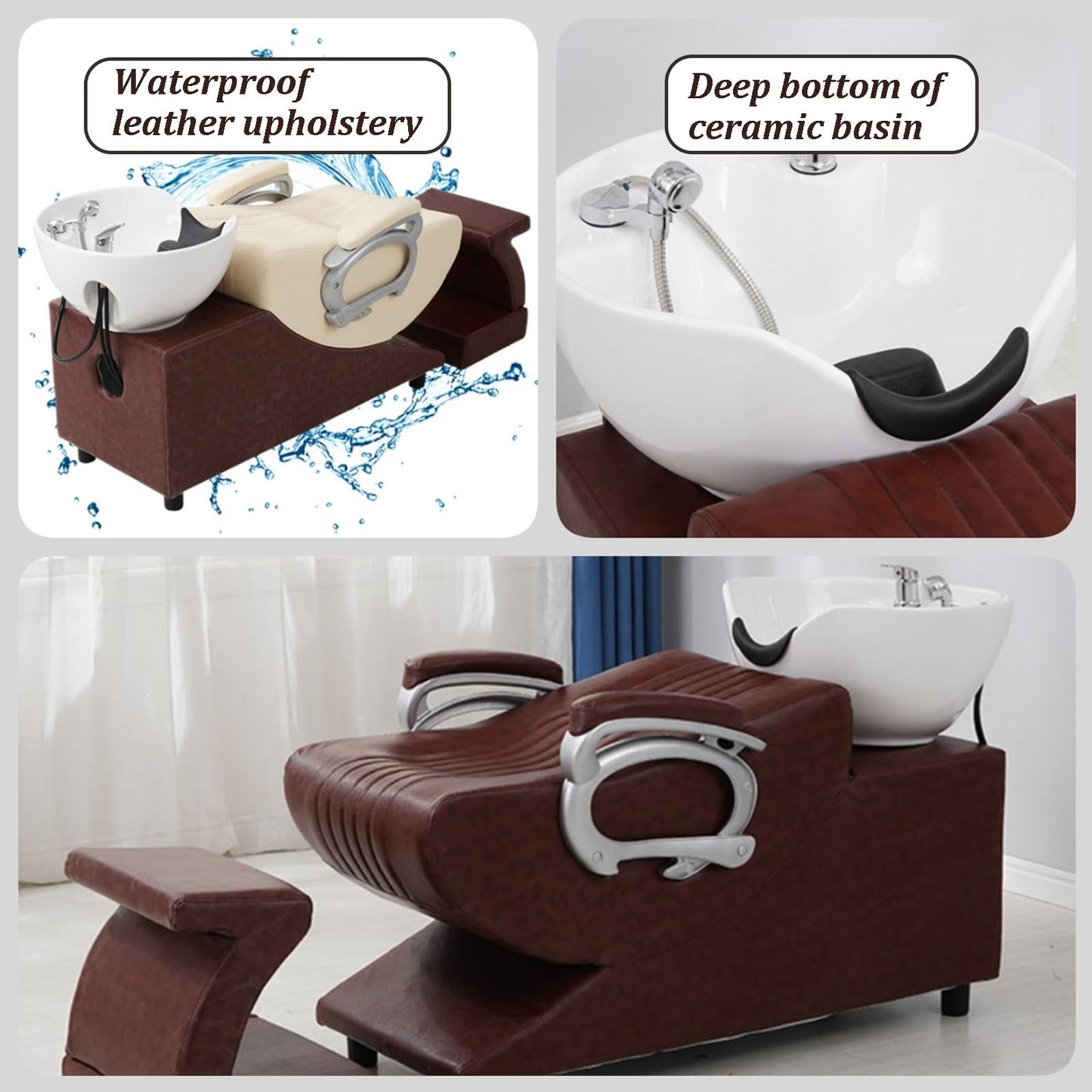 Dexinhdh Shampoo Barber Classic Chair, Shampoo Backwash Unit with Separate Footstool, Stretch Shower Head, Ceramic Shampoo Bowl Sink Chair for Spa Beauty Barbershop(E)