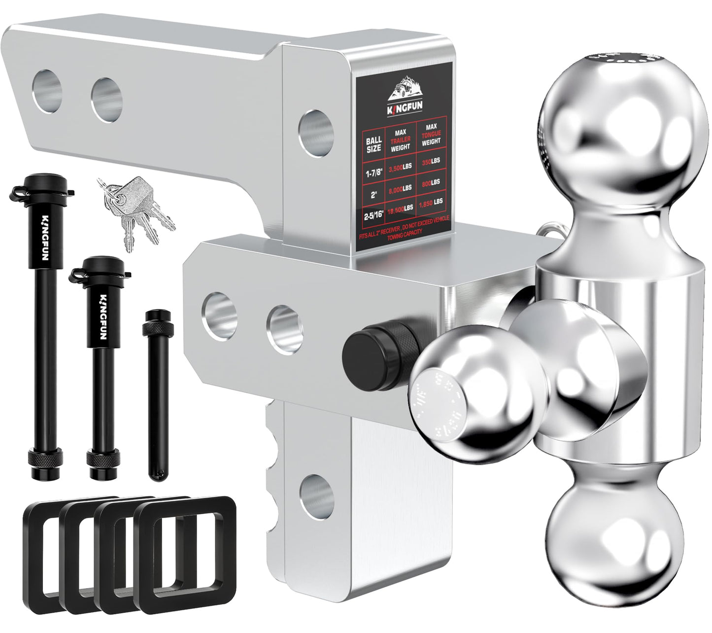 Kingfun Adjustable Trailer Hitch - Drop Hitch 2.5 Inch Receiver, 6 Inch Drop/Rise Tow Hitch, Tri Ball (1-7/8", 2" & 2-5/16" Ball), 18500 Lbs Gtw Aluminum Heavy Duty Hitch with Anti-Theft Pin- (Silver)
