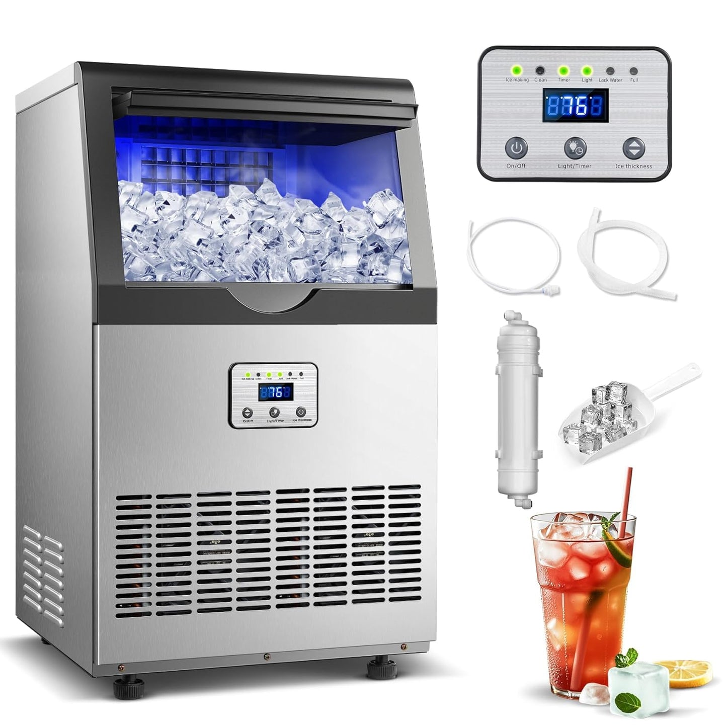Amzgachfktch Commercial Ice Maker, 110lbs/24H Ice Maker Machine w/ 25 lbs Storage, 45 Ice Cubes in 12 Mins, Auto Self-Cleaning, Blue Light, Under Counter/Freestanding Ice Machine for Home Bar