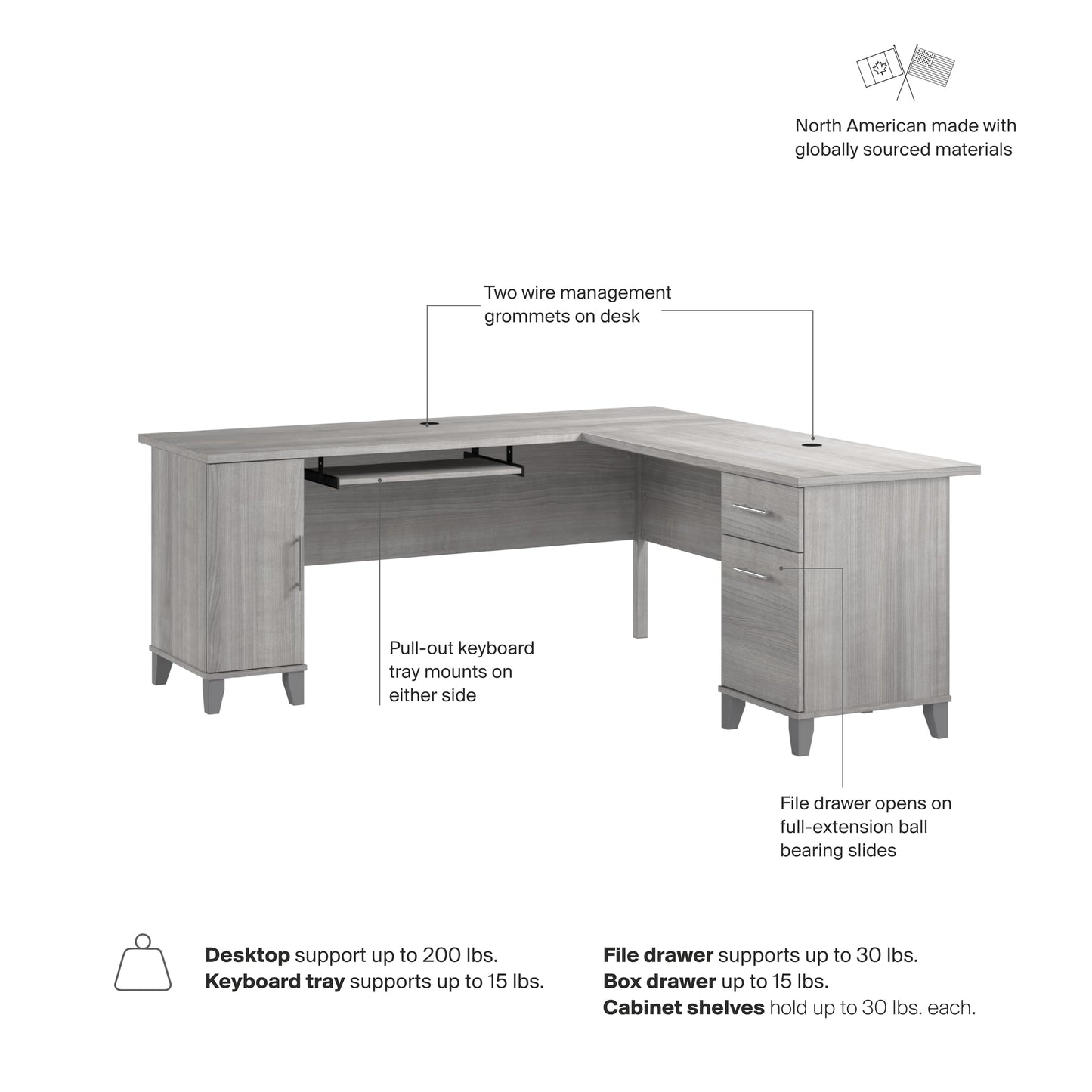 Bush Home 72-Inch L-Shaped Desk with Storage, Corner Computer Office Desk with File and Box Drawers, Home Office Workstation with Storage Cabinet, Somerset Collection, Platinum Gray