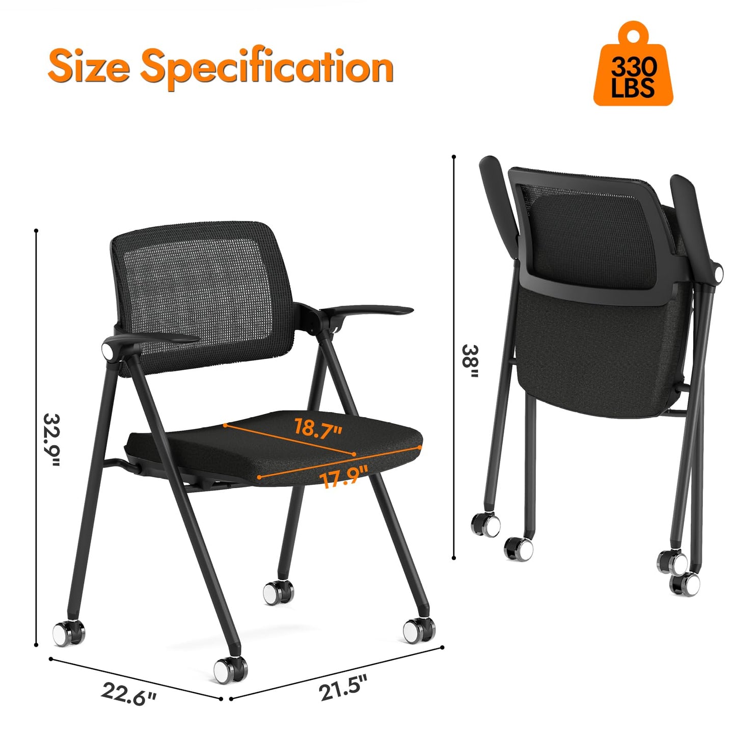 FYLICA Stackable & Foldable Office Chair Set of 2, Folding Desk Chair with Flip-Up Armrest, Breathable Mesh, Thick Seat Cushion & Rocking Backrest, Conference Room Chair with Wheel (Black)