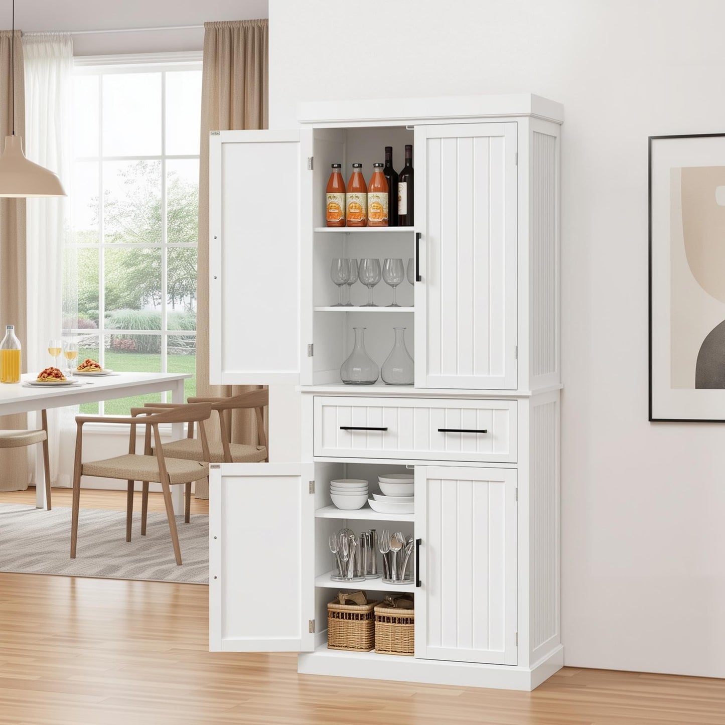 Yaheetech Kitchen Pantry Storage Cabinet with 4 Doors and 2 Adjustable Shelves, 72.5" Freestanding Tall Cupboard Cabinet with Drawer for Dining/Living Room, White
