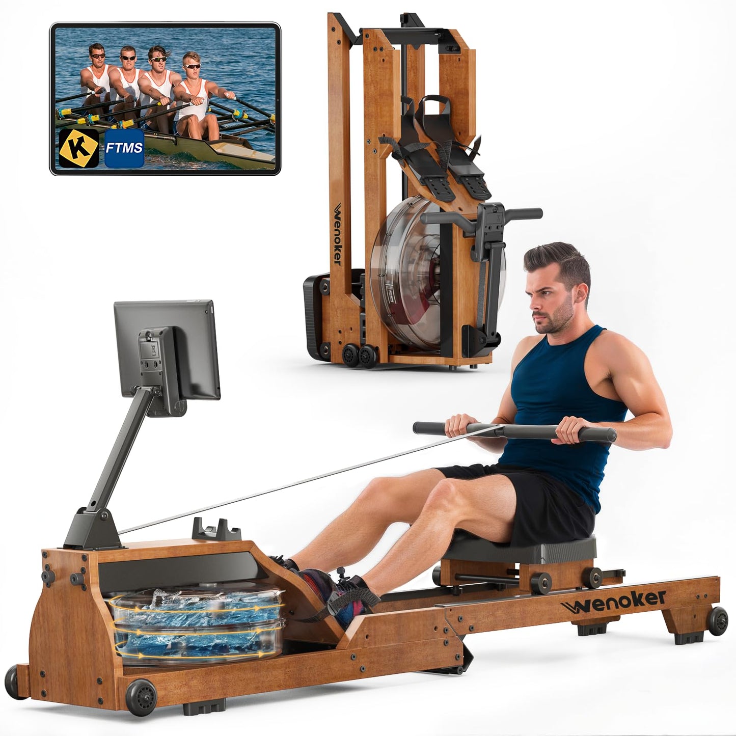 WENOKER Water Rowing Machine for Home Use, Wooden Foldable Rower Machine with Adjustable Monitor & Bluetooth APP, Large Water Tank & Comfortable Seat for Immersive Water Rower, 350LBS Weight Capacity