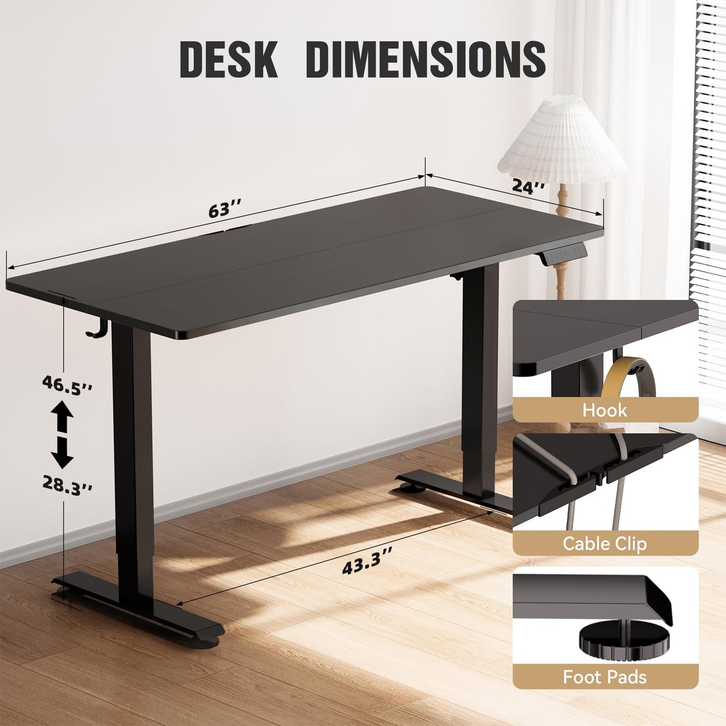 Veken 63 Inch Electric Standing Desk, Adjustable Height Office Desk with Wood Desktop, Computer Table for Home Work, Study and Gaming, Small Spaces, Modern Furniture, Black