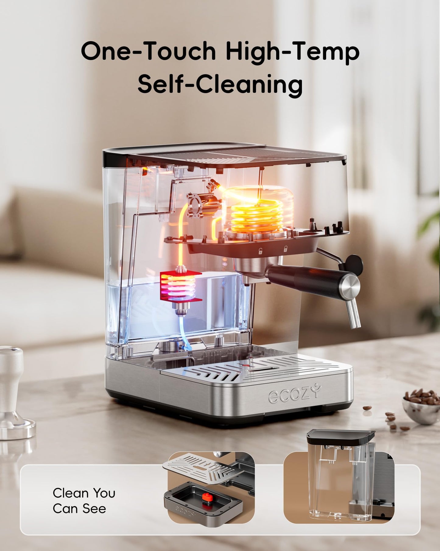 ecozy Espresso Machine & Coffee Maker Combo with Milk Frother, Guided Touchscreen Brewing, Create Café-Style Lattes, Cappuccinos & Americanos at Home, Smart Touchscreen, Stainless Steel