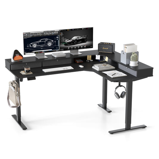 CubiCubi L Shaped Standing Desk with Drawers 63 x 48 Inch Adjustable Height, Electric Corner Desk with Storage, Sit Stand Home Office Desk with Splice Board, Black