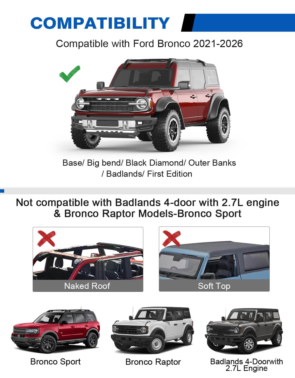 Wonderdriver 330lbs Roof Rack Cross Bars 5PCS - Fit for Ford Bronco 2021 2022 2023 2024 2025 2026, Hard TOP 2Door & 4Door (Not for Bronco Sport),Aluminum Crossbars Rooftop Cargo Luggage Carrier