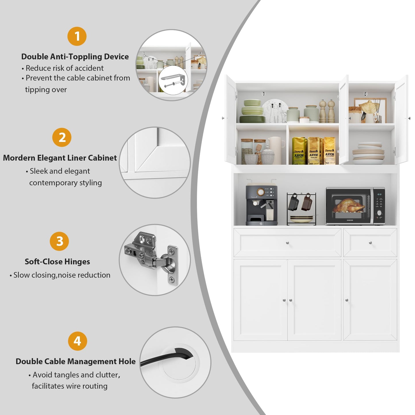 BOTLOG 72" Kitchen Pantry Cabinet, Kitchen Hutch with Microwave Stand, Buffet Cabinet with Hutch for Dining Room, White