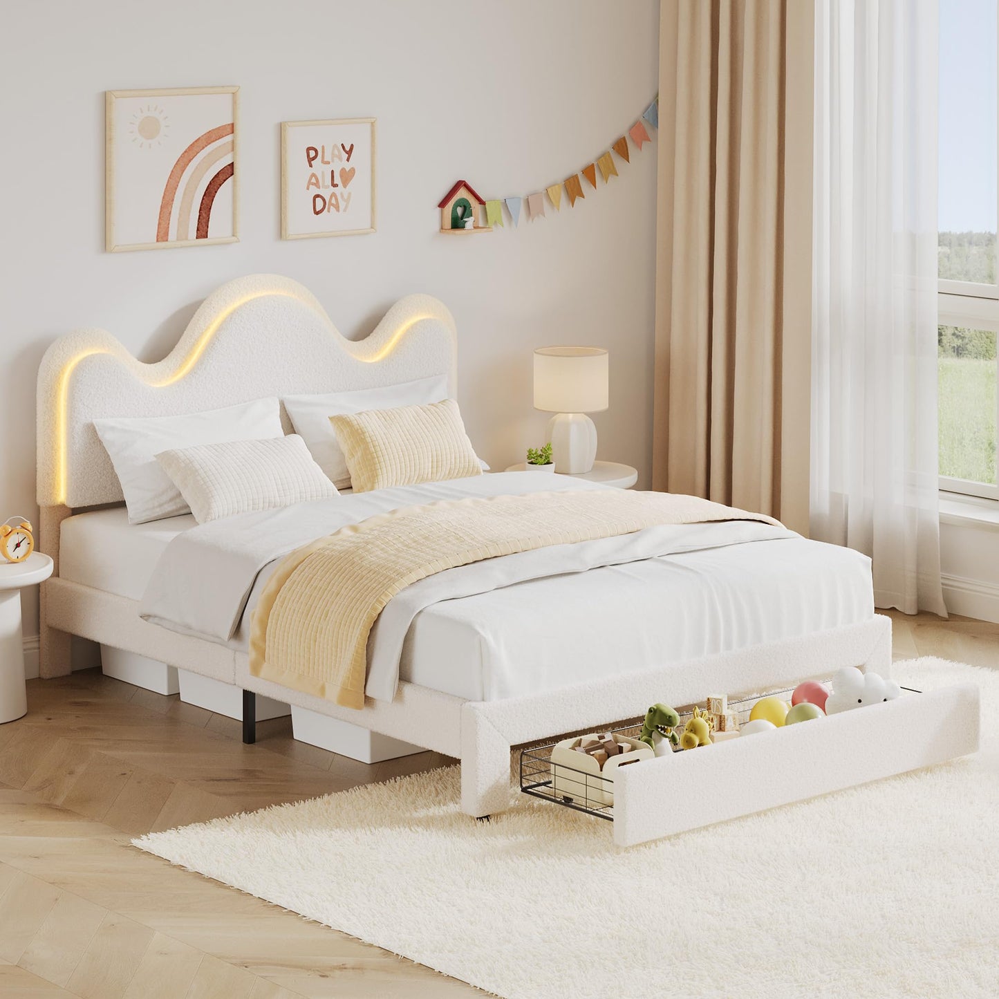 IDEALHOUSE Queen Bed Frame with LED Headboard and Under-Bed Drawer, Metal Upholstered Platform Bed with LED Light for Kids, Girls, Lamb Fleece Fabric, Wooden Slats Support, No Box Spring Needed, White