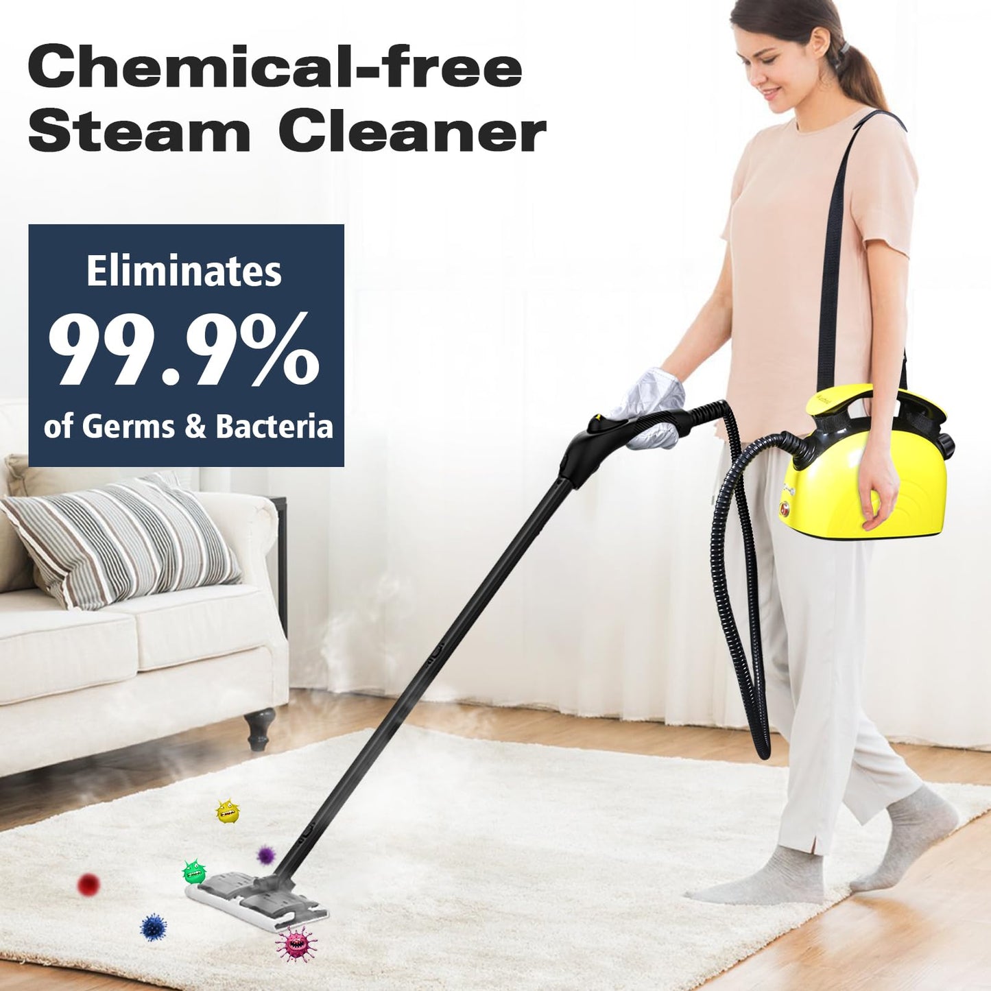 Steam Cleaner, Multipurpose Powerful Steamer with 21 Accessories, 248°F High-Temperature Steam for Floors, Grout, Tiles, Carpet, Cars - Portable 1.08L Tank, Child Lock, Chemical-Free Cleaning (Yellow)