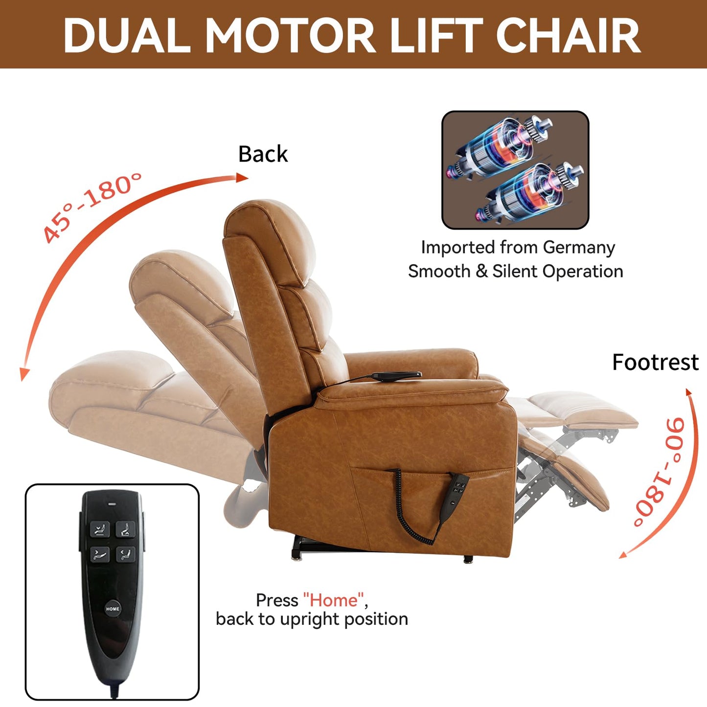 KEIKI Oversized Recliner Chair Dual Motor Power Lift Leather Recliner Chair with Heat and Massage, Infinite Position Power Reclining Simple Modern Chaise Lounge Chair Indoor, Yellow Brown