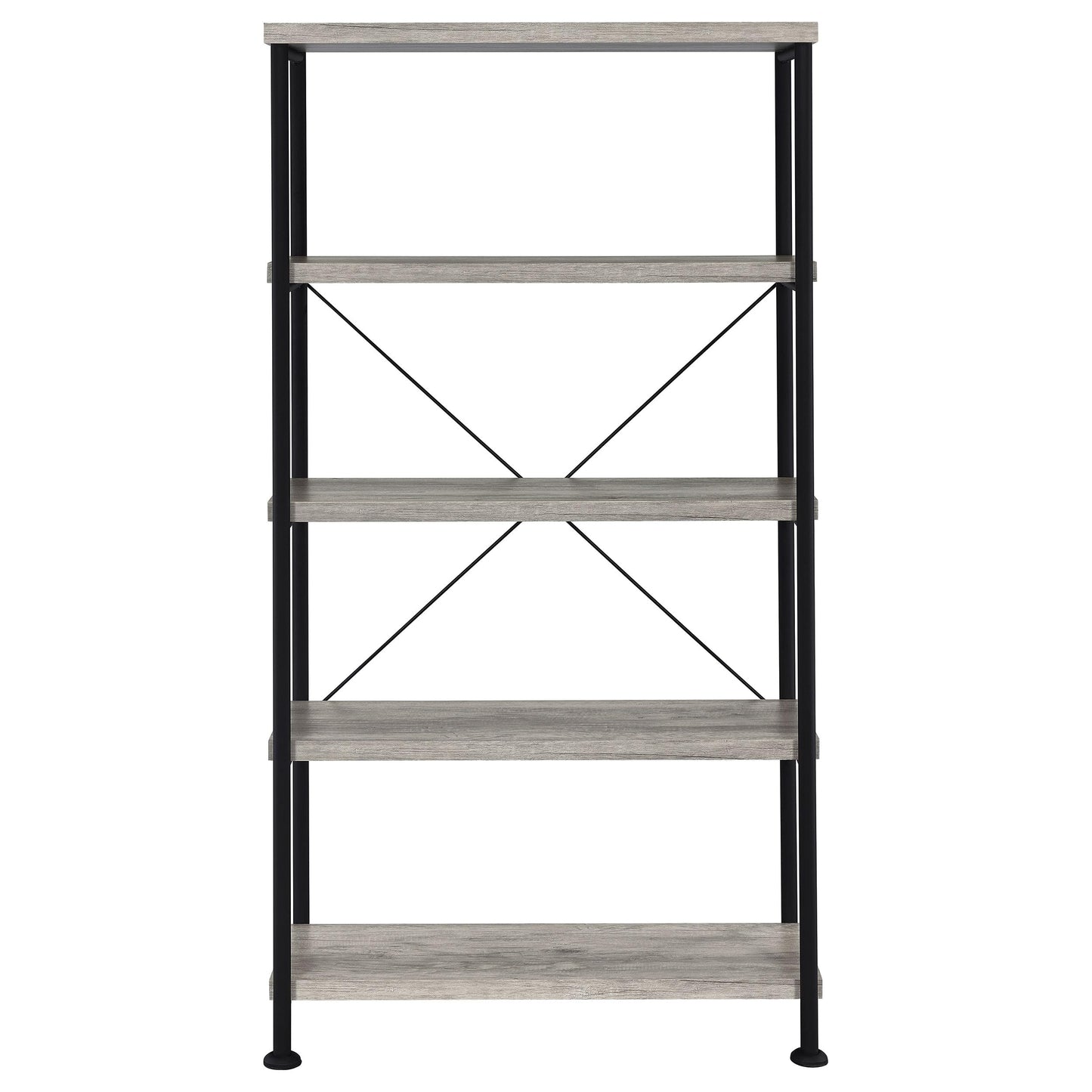 Coaster Home Furnishings Analiese Rustic Industrial 4-Tier Bookcase Etagere Bookshelf Office Storage Book Shelf Engineered Eco-Friendly Wood Look Laminate Sturdy Black Steel Base Grey Driftwood 801546