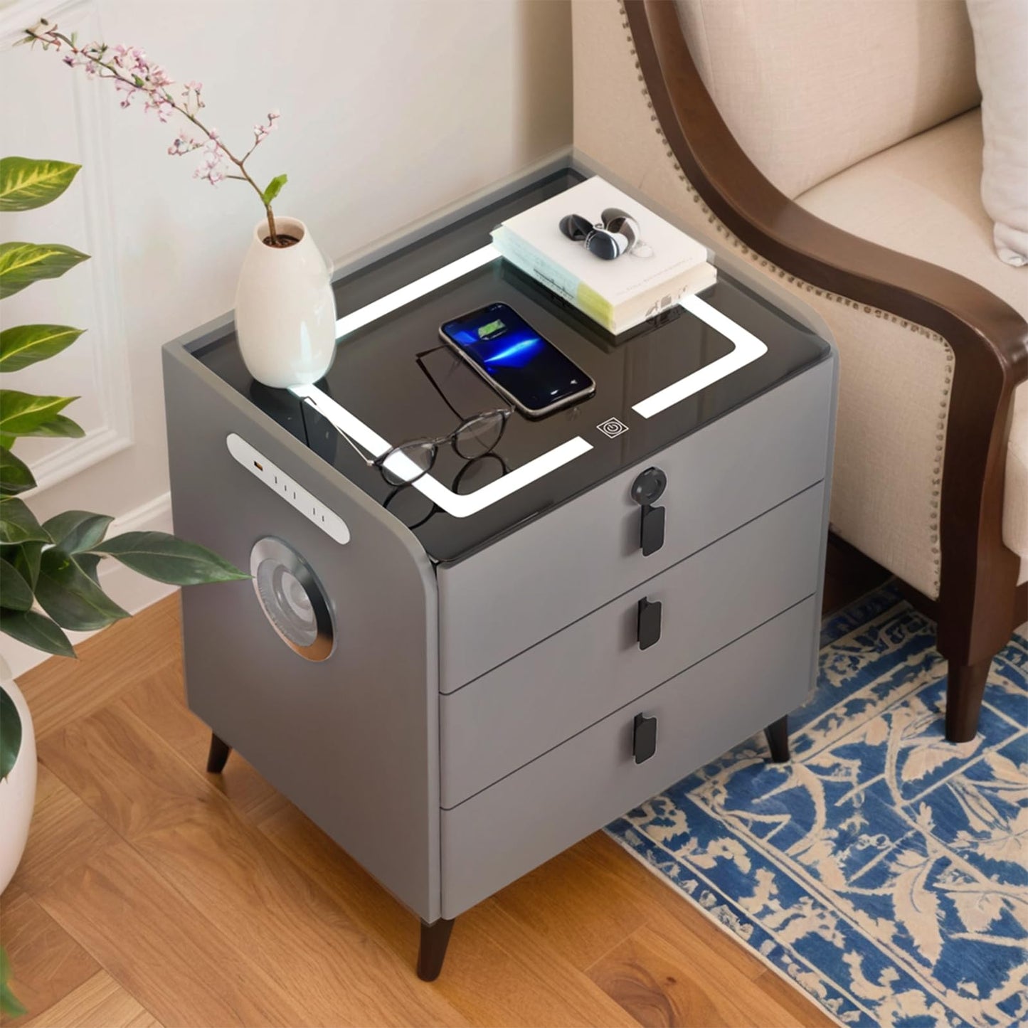 QHRAY Smart Nightstand with Fingerprint Lock Drawer, Nightstand with Wireless Charging, Night Stand with Charging Station,2 USB, LED Lights Bluetooth Speaker Side Table for Bedroom/Living Room