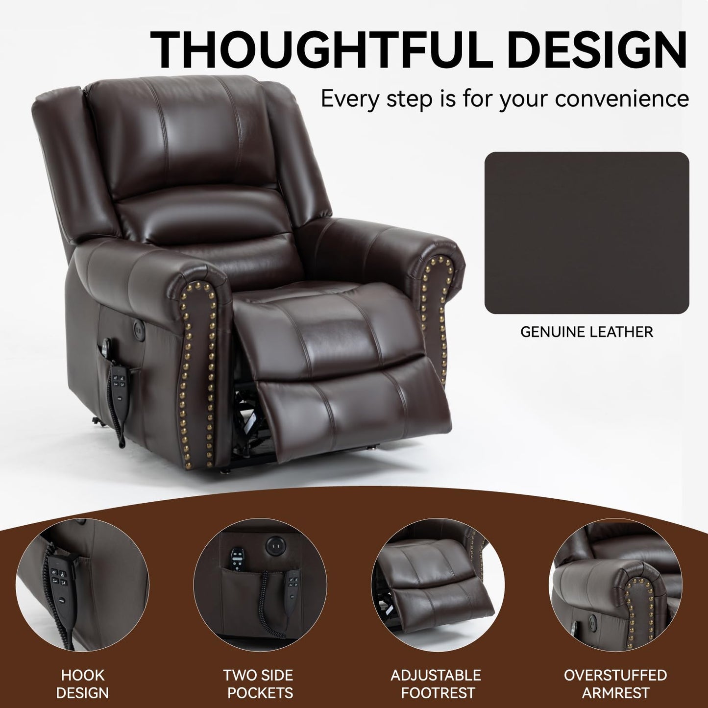 KEIKI Oversized Power Lift Recliner Rocking Chair for Adult, Genuine Leather Mid Century Modern Accent Chair with Back Message & Heat USB Port, Adjustable Home Theater Seating for Living Room, Brown