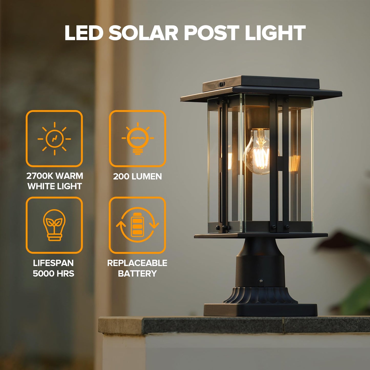 LUTEC Solar Lamp Post Light, Dusk to Dawn, 200 Lumens, Waterproof, Black, Model 6973002012