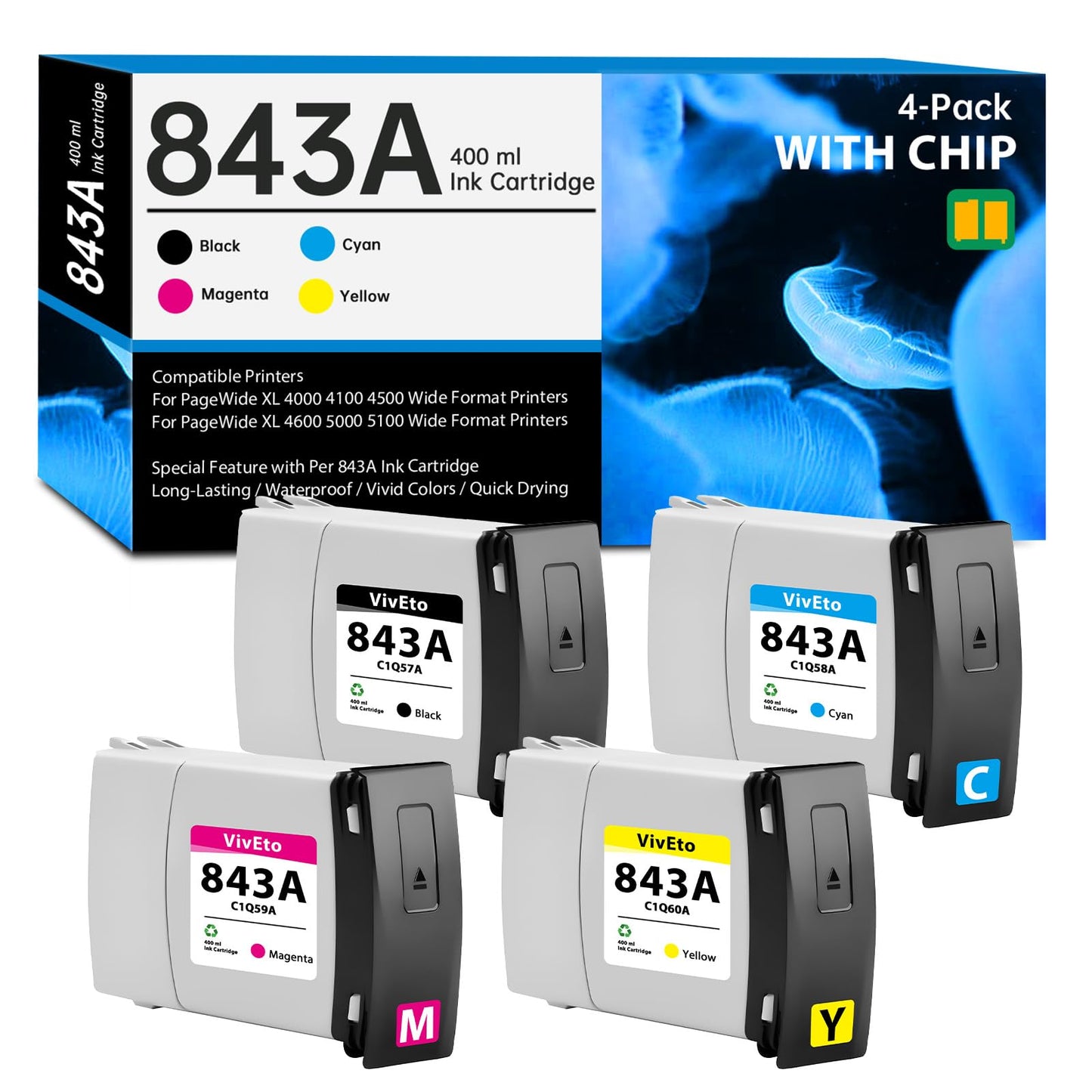 VivEto 843AXL 843A Ink Cartridge 400ml with New Chip Replacement for HP 843A C1Q57A C1Q58A C1Q59A C1Q60A for PageWide XL 4000 4100 4500 4600 5000 5100 Wide Format Printers, 4 Pack 843A Ink Refills