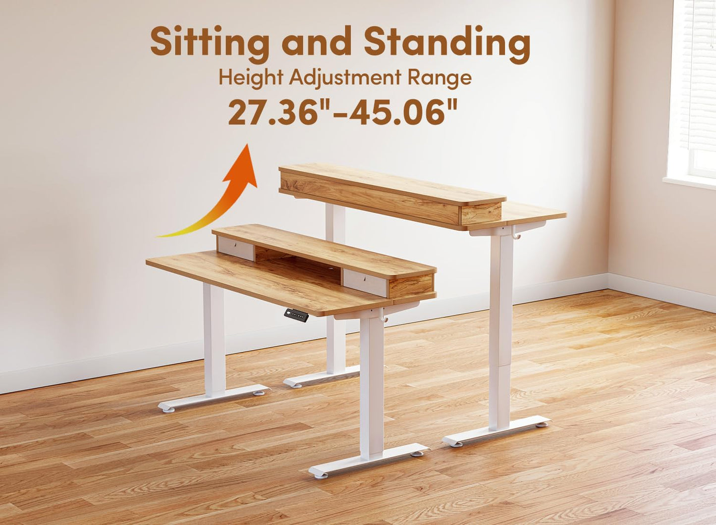 BANTI 55x24 Inch Electric Height Adjustable Standing Desk, Home Office Computer Desk with Double Storage Drawers, 4 Adjustable Feet & 2 Hooks, Light Rustic